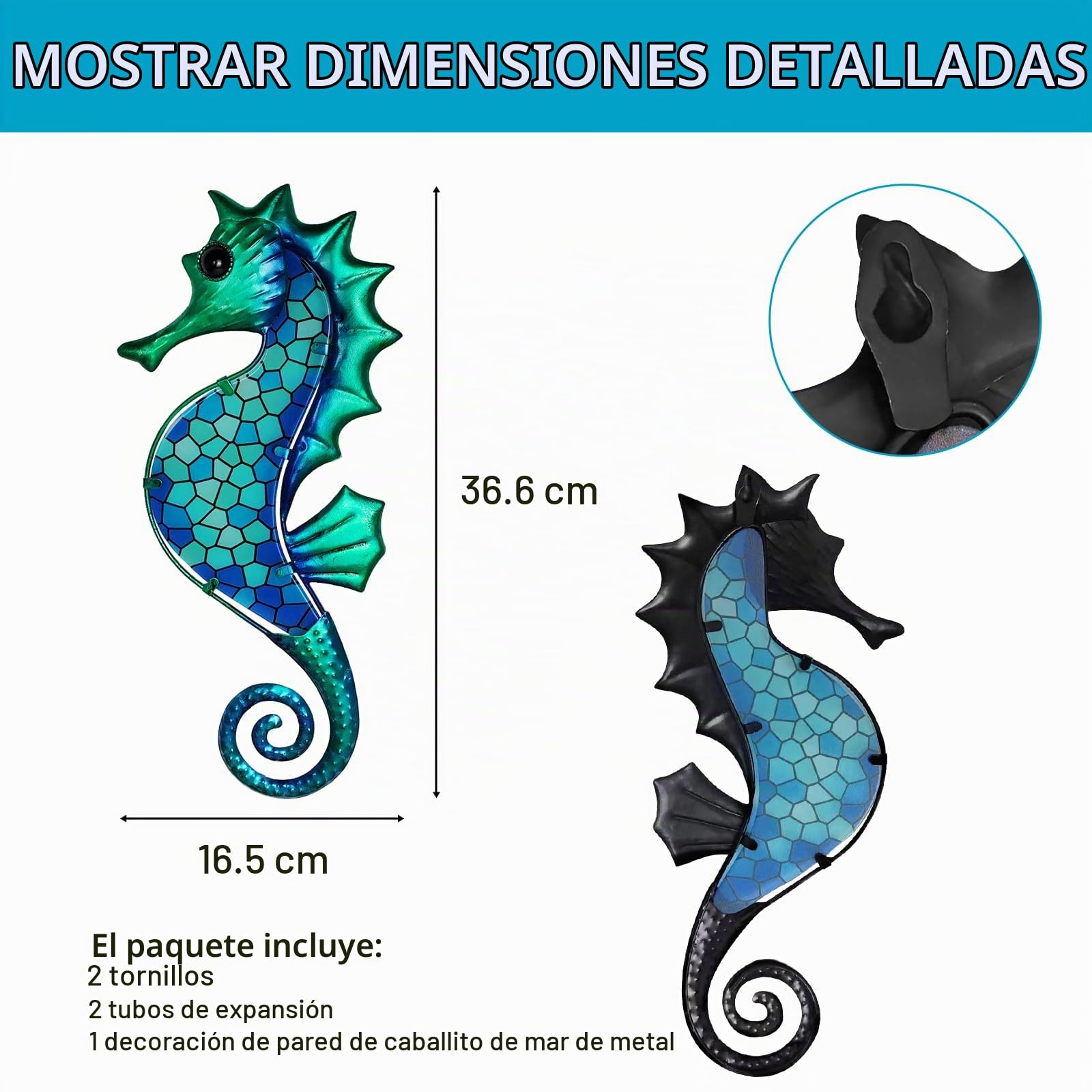 LIFFY Decoración de pared de metal con diseño de caballito de mar con mosaico de cristal, escultura costera, decoración colgante para el hogar, jardín, valla, piscina, playa, baño