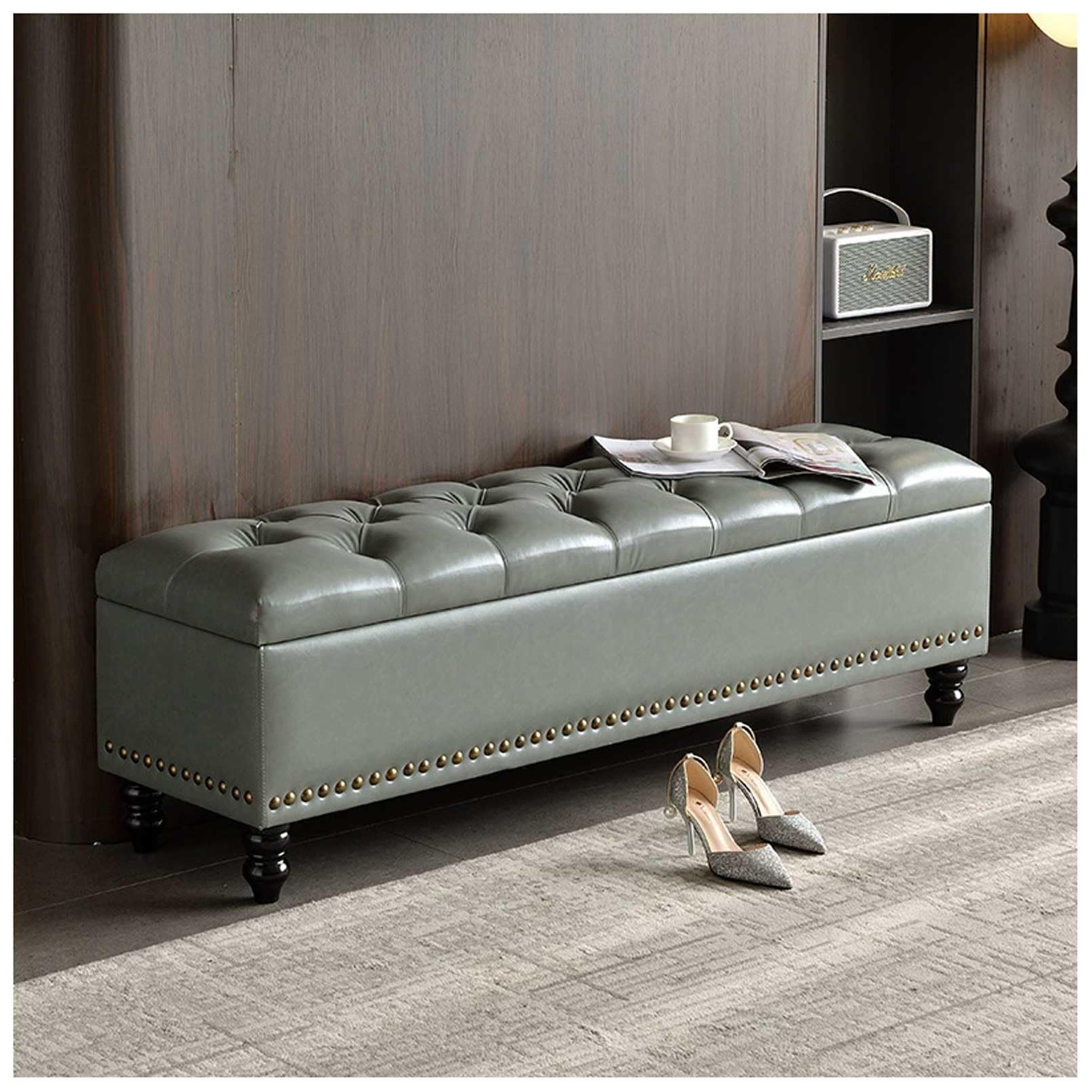 MSHGSKU Gray Storage Bench 330kg Capacity Wooden Frame Ottoman Bedroom Pouf Footrest Shoe Storage 2.39x15.7x16.9in Versatile End of Bed Seating
