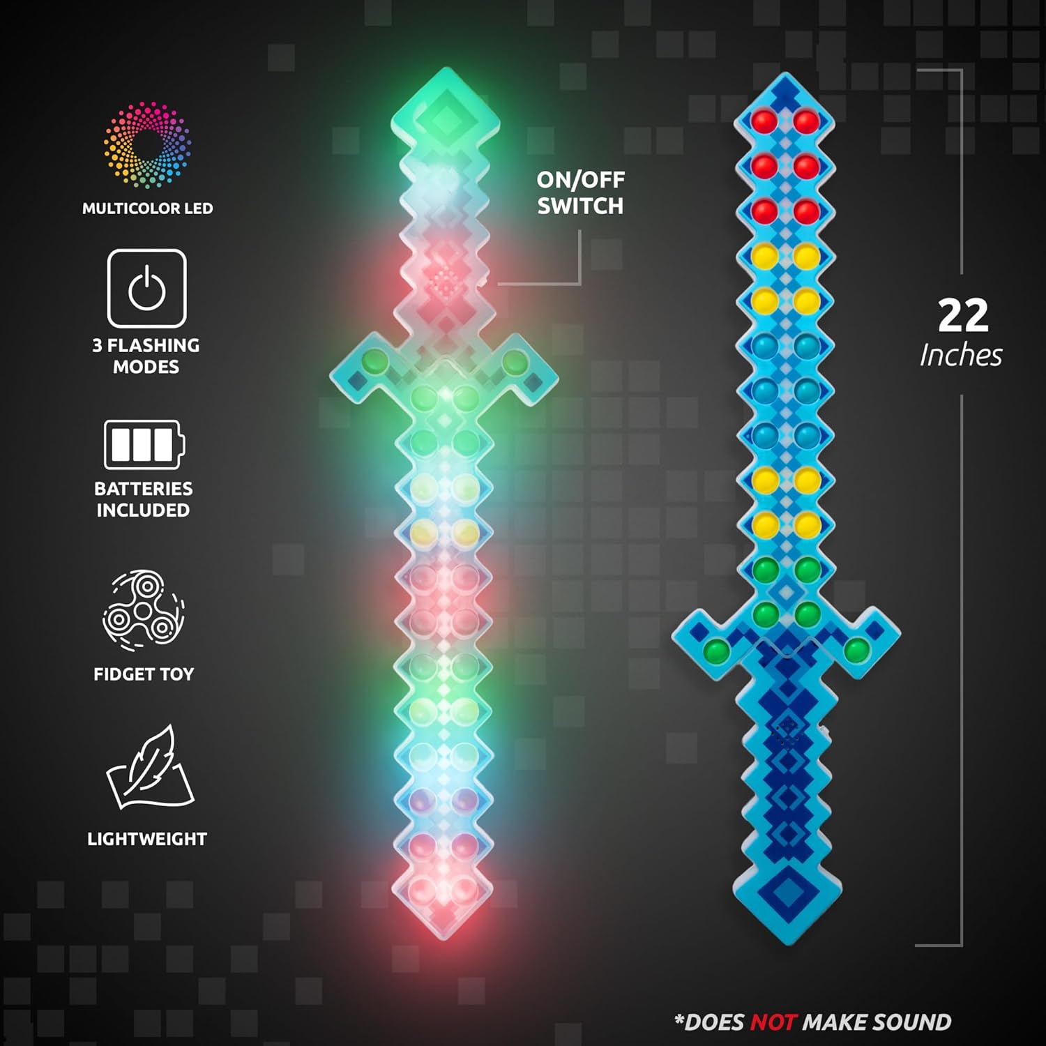 Windy City Novelties 22" LED Light-Up Pop-It Pixel Sword - 8-Bit Retro Gamer Fidget Toy for Kids