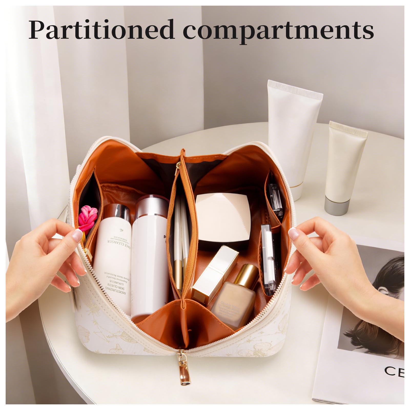 Abiudeng Bolsa de maquillaje de viaje de 2 piezas, bolsas de cosméticos de gran capacidad, bolsa de aseo para artículos esenciales de viaje, bolsa portátil impermeable, organizador de maquillaje plano