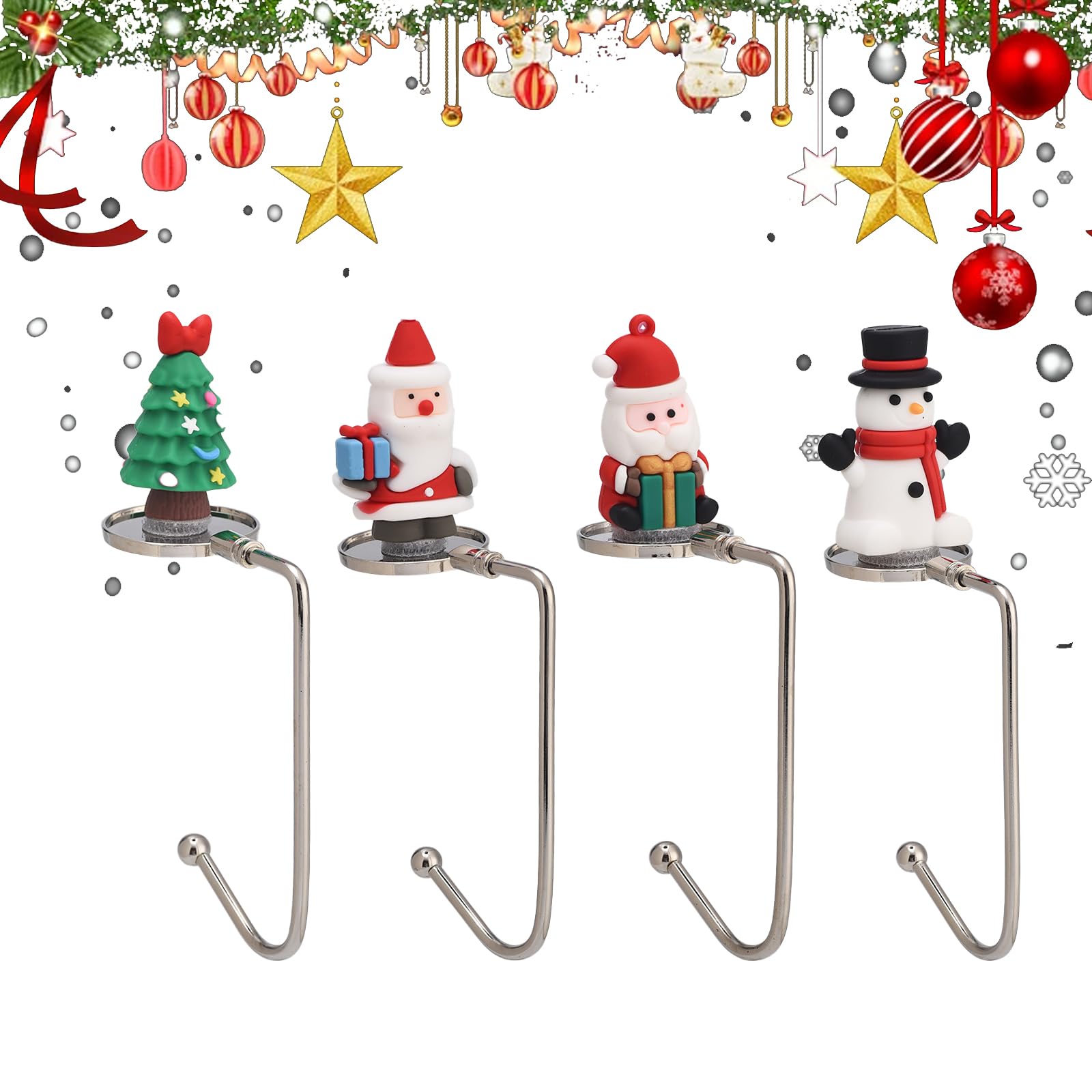 Juego de 4 Ganchos para Calcetines de Navidad, Mantel, Árbol, Muñeco de Nieve para Chimenea - Ganchos de Metal para Decoración de Fiestas Navideñas