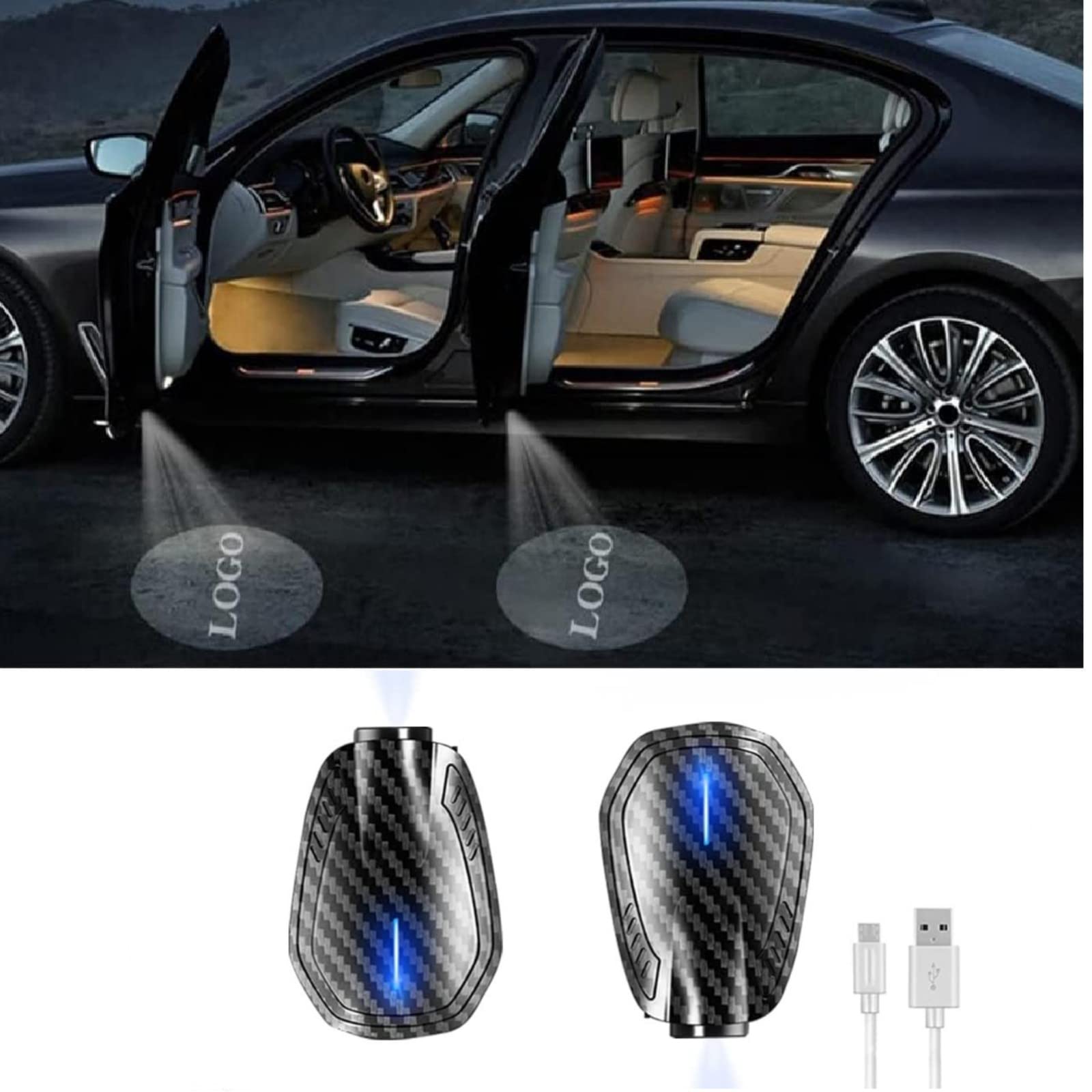 Custom Car Door Projector Lights,Custom Carbon Fibre Rechargeable Wireless Car Door Lights (4Pcs)