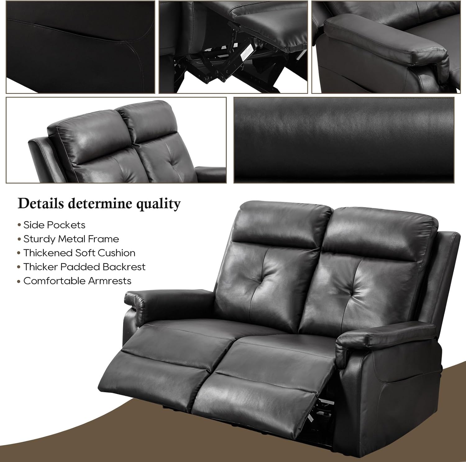 Mid-Century Modern Wingback PU Leather Loveseat Recliner, 54'' Double Reclining Loveseat with Heat and Massage, RV Theater Seating, Manual Recliner Chair for Living Room (Black)