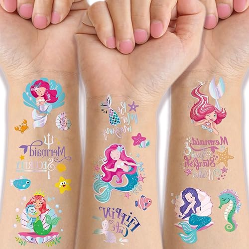 Tatuajes temporales con purpurina de sirena para niños, 4 hojas de tatuajes falsos bronceadores para niñas, lindos tatuajes de animales bajo el mar,