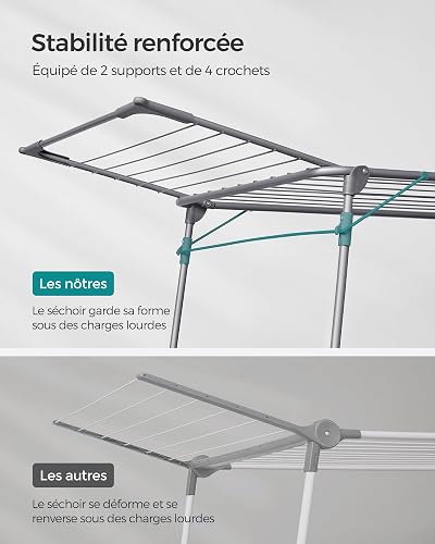 SONGMICS Clothes Drying Rack, 56.5 x 173 x 96.5 cm Winged Clothes Airer, Space-Saving Laundry Drying Rack, with Sock Clips, Metal Structure, for Clothes, Towels, Linens, Grey LLR518G01 - 4
