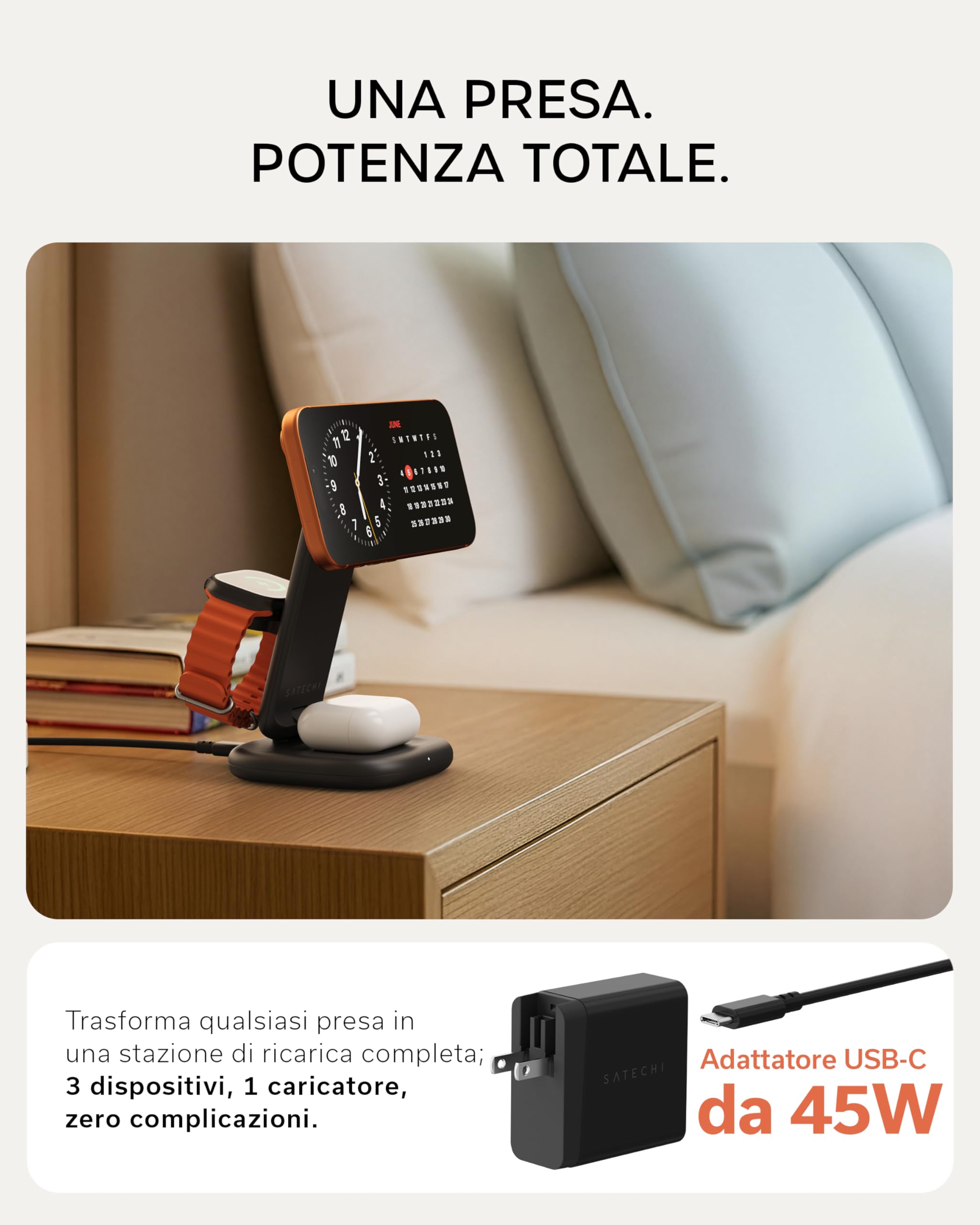 SATECHI Caricatore Magnetico Qi2 3 in 1 Pieghevole, 25W, Nero Siderale | 45W adattatore USB-C incluso, per iPhone 17, Apple Watch Series 11, AirPods