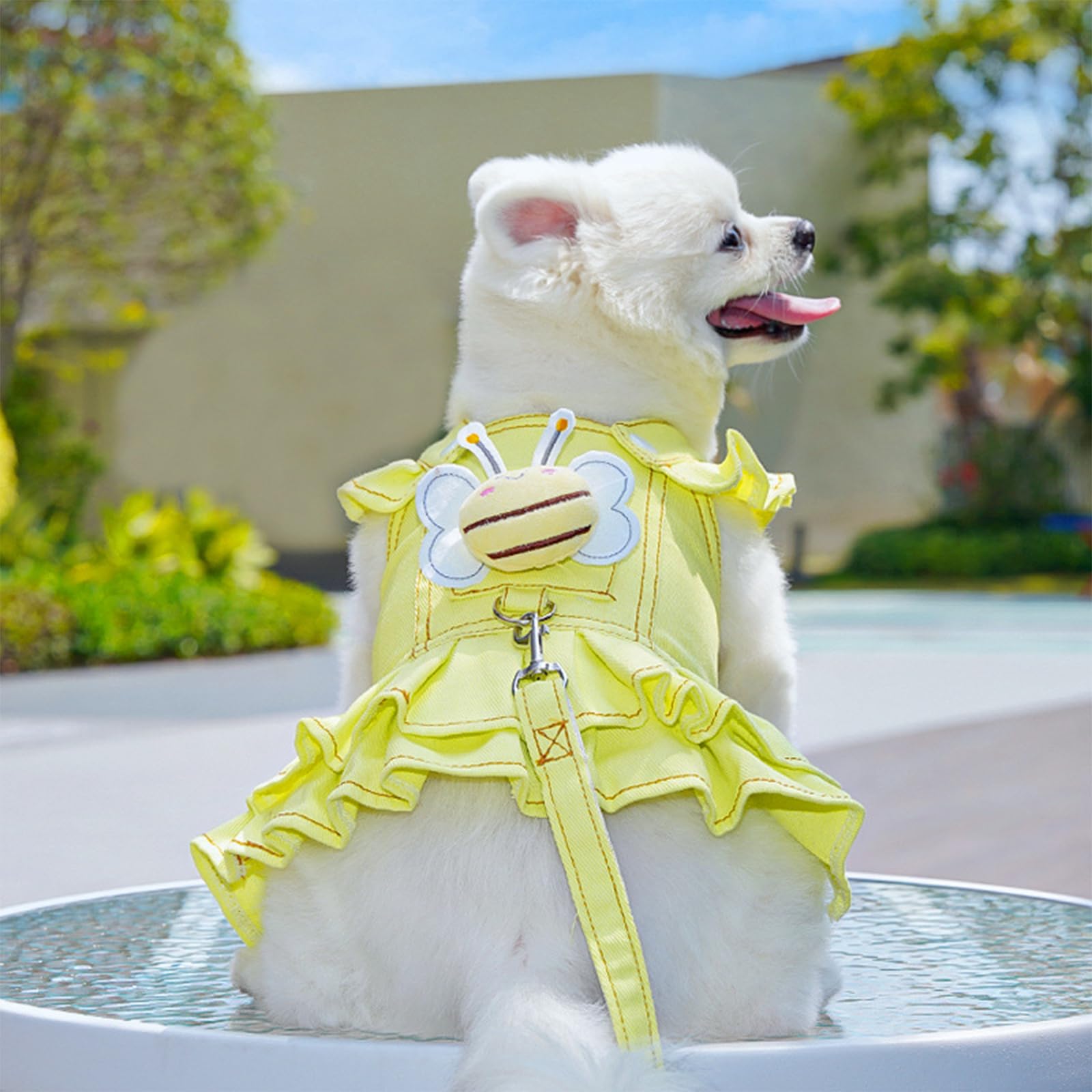 Pet No Pull Harness Set,Cat Dog Denim Dress with D-Ring Leash Bee Pin,Mesh Padded Puppy Harness Princess Dress for Training Walking_2XL(Yellow) - Image 3
