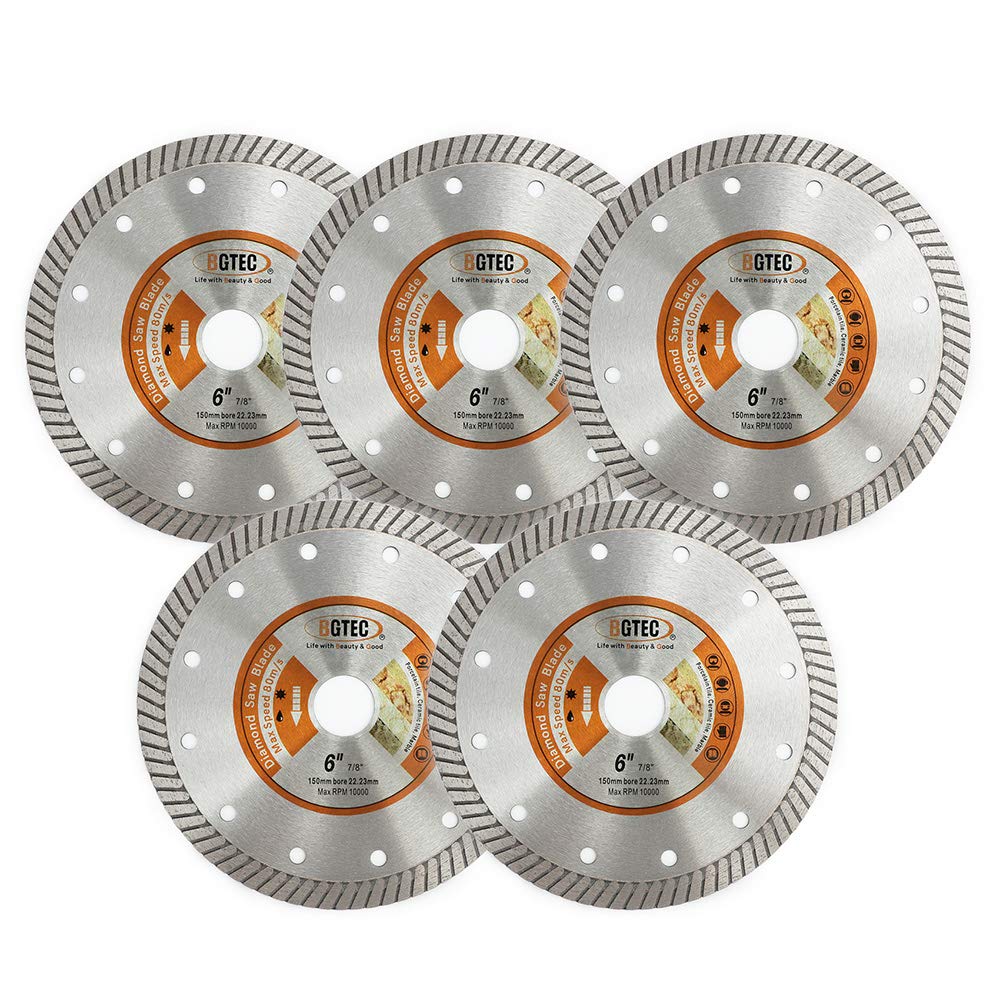 BGTEC Diamond Tile Blade,5pcs 6" Super Thin Turbo Rim Concrete Porcelain Saw Blade with 7/8" Arbor for Cutting Porcelain Tile Ceramic Granite Marble Hard Material Cutting Disc