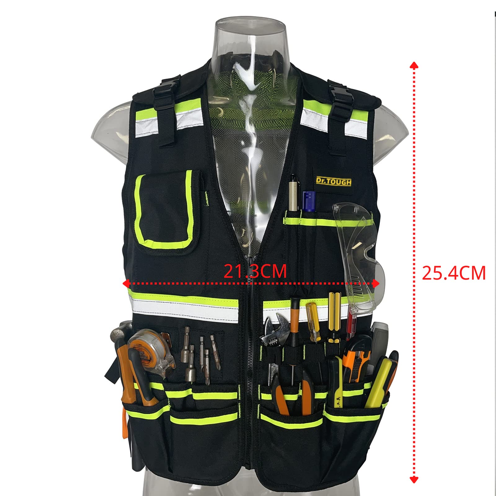 Dr.TOUGH Reflective Vest Safety Vest for Men Work Vest for Men Tool Vest with Multi-pockets and Zipper For Electrician (Fluorescent Green)