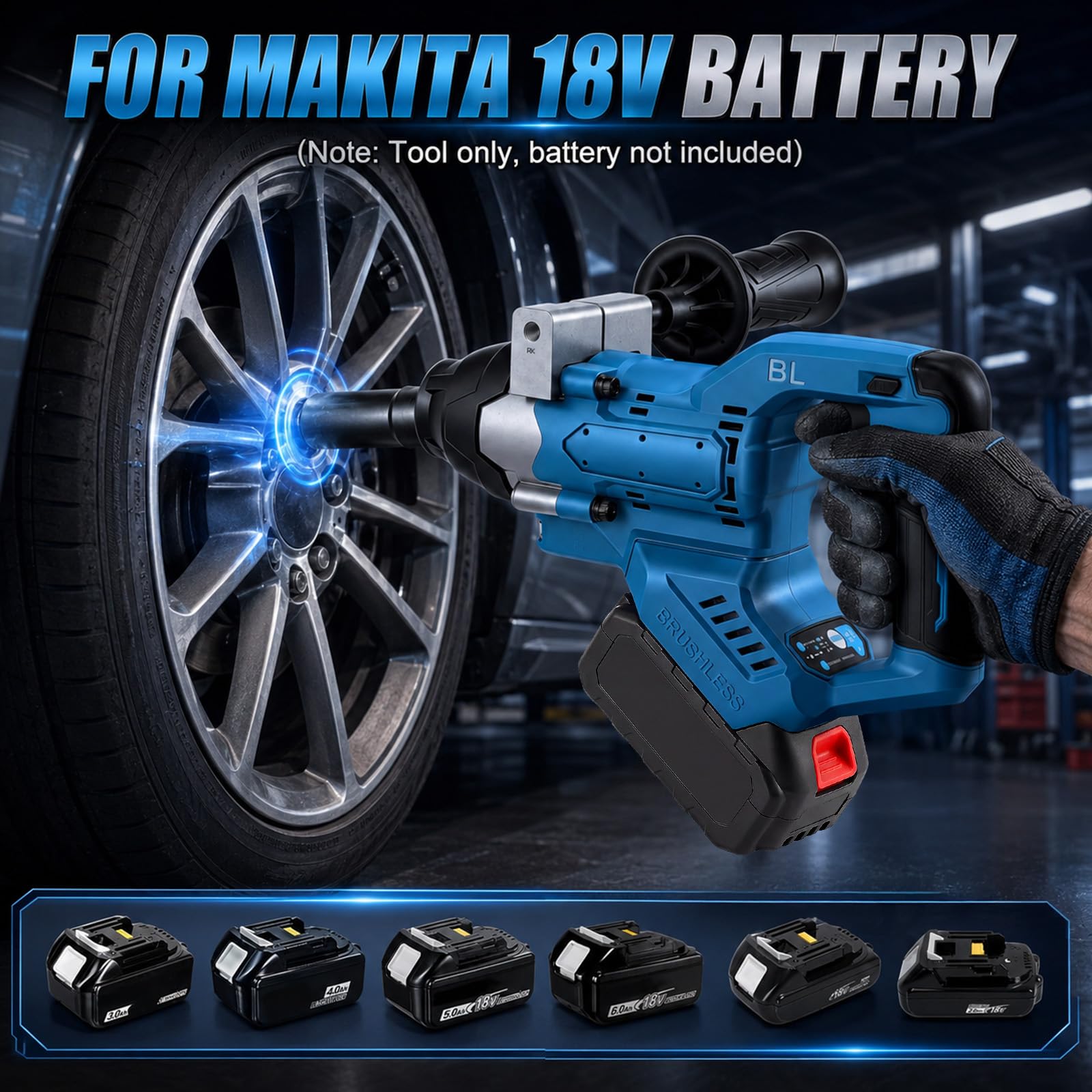 Atornillador de impacto inalámbrico, 1/2 pulgadas, 1000 Nm, par máximo con mango adicional, llave de impacto sin escobillas, llave de impacto para coche, 4 niveles, 3600 rpm, luz LED sin batería, para