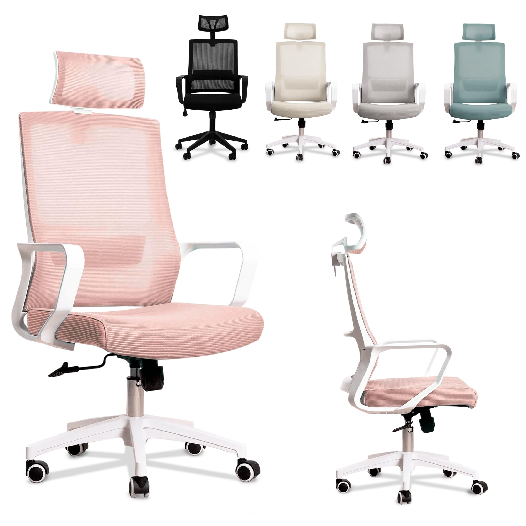 JUPPLIES Silla Escritorio Ergonomica - Silla Oficina Ajustable y Reclinable con Soporte Lumbar, Reposacabezas Ajustable, Malla Transpirable, Ruedas Giratorias 360° Soporta hasta 100kg (Rosa)