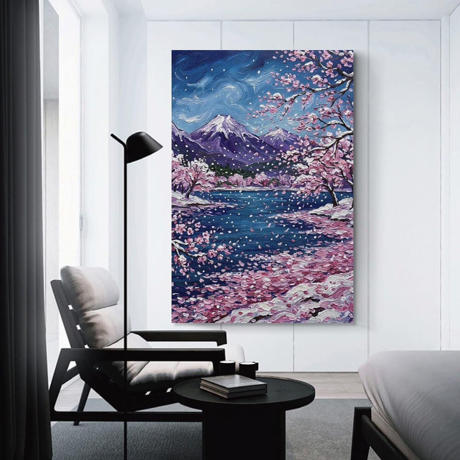 Junmoney Cherry Blossoms And Snowy Mountains Painting Wall Art Print, 16x24inch(40x60cm), for Study, Office Or Focused Interiors, Home Office Artwork with Decorative Appeal