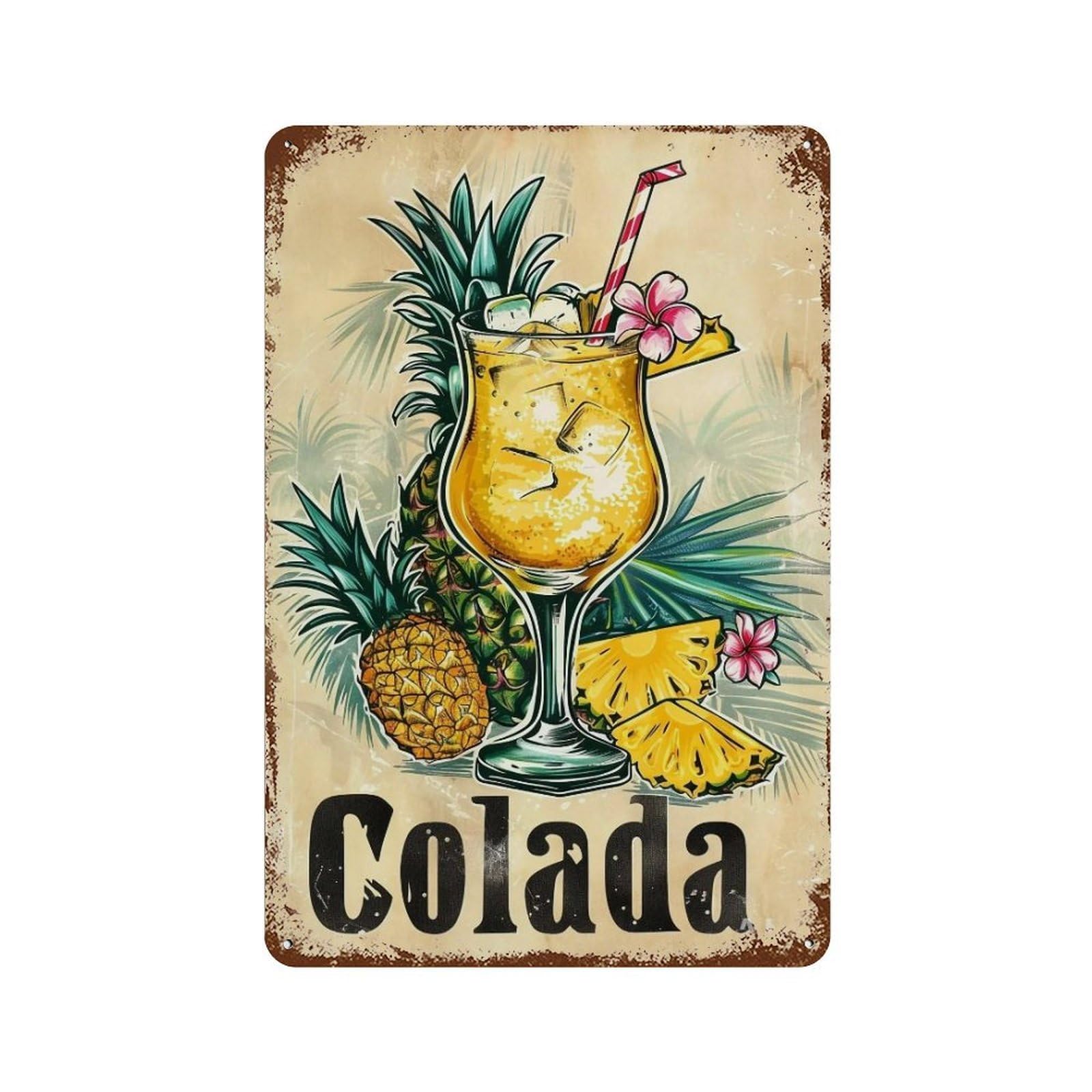 YHGERTKU Linocut Tiki Bar Pina Colada Drink Fruit 04 Wall Art Retro Iron Vintage Metal Tin Sign Poster Modern Decor for Living Rooms Gift 30x20cm