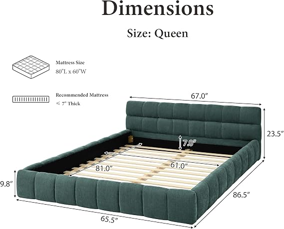 Queen Grounded Bed Frame with Headboard, Cute Puff Grid Pattern Chenille Upholstered Platform Floor Bed with Sturdy Slats, No Box Spring Needed, Easy Assembly, Moss Green