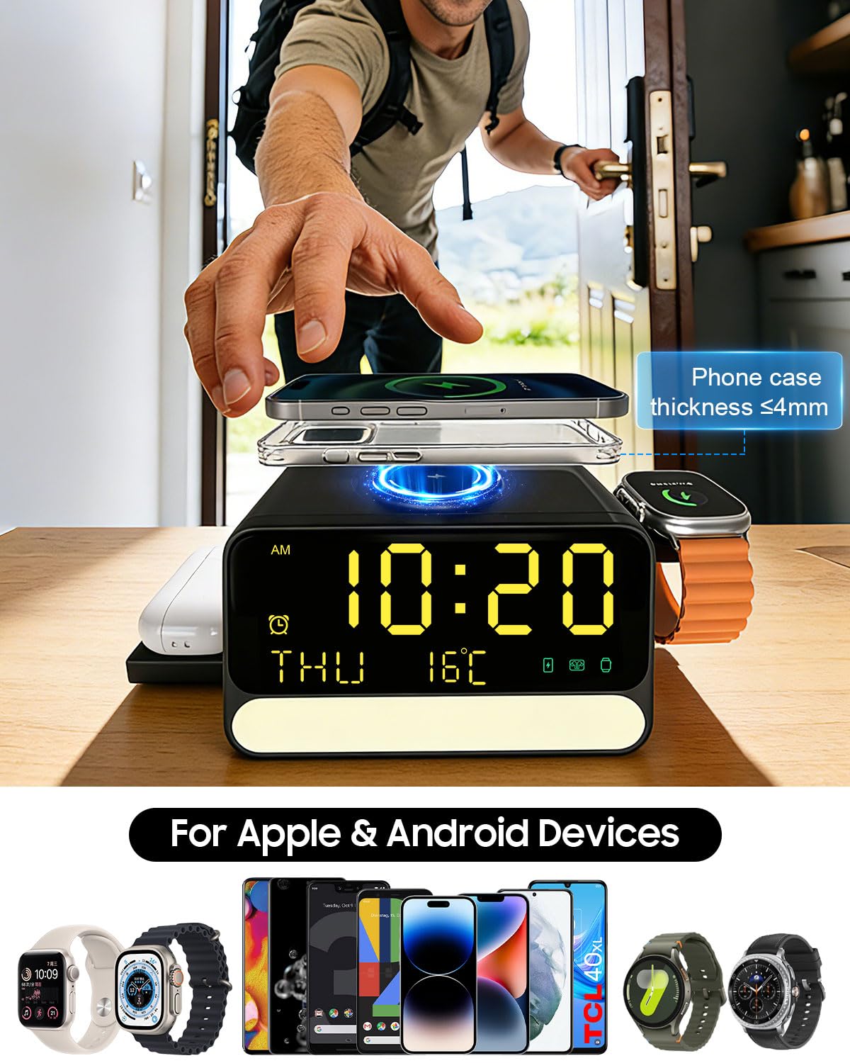 Stazione di ricarica wireless 7-in-1 con sveglia, luce notturna a controllo vocale, temperatura e data, 33W, supporto di ricarica rapida compatibile con telefoni iPhone Samsung, Apple/Samsung Watch