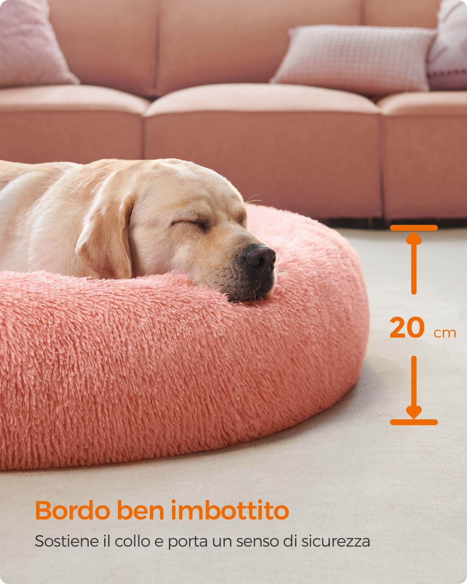Feandrea Cuccia Cane Interno, Cuccia per Cani, Lettino per Animali Domestici a Ciambella, Cuscino Sfoderabile e Lavabile, Tappeto di Peluche, Diametro 120 cm, Rosa PGW043R01