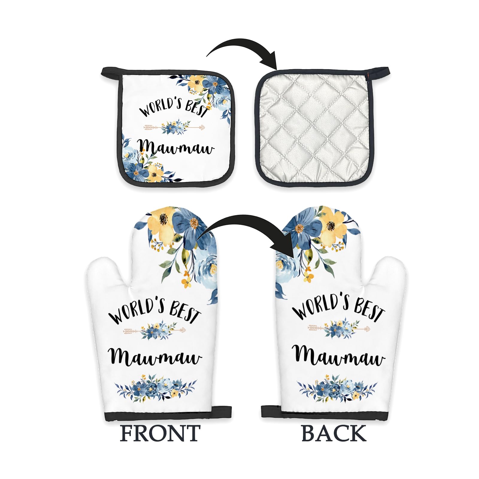 Mawmaw Gifts Oven Mitts and Pot Holders Sets, Gifts for Mawmaw from Grandkids Kitchen Decor Accessories Sets, World’s Best Mawmaw Heat Resistant Oven Glove Potholders for Kitchen Cooking