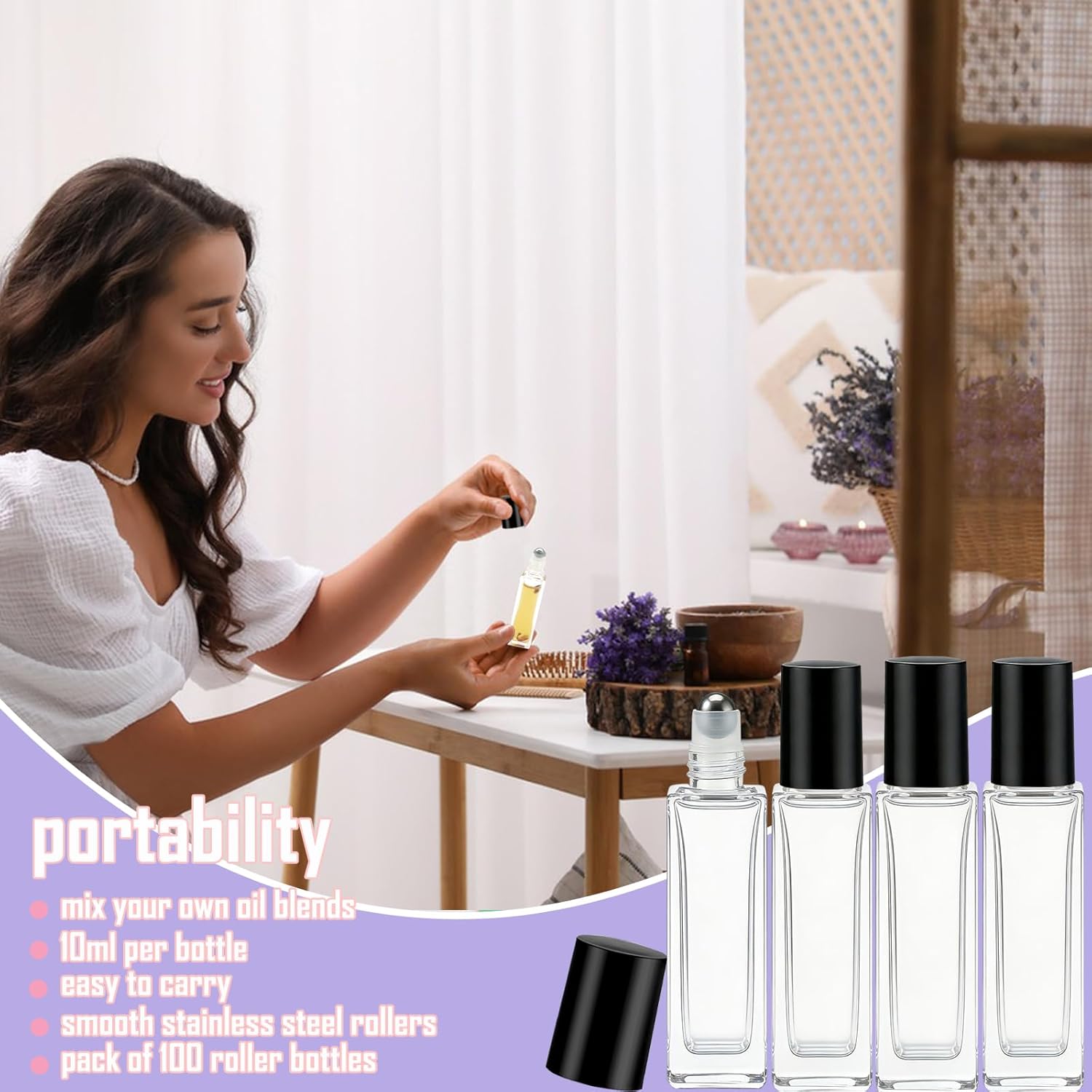 100 Pcs 10 ml Roller Bottles for Essential Oils, Square Thick Empty Glass Roller Bottles with Stainless Steel Roller Balls Protection Leakproof with 5 Funnel for Travel, Black