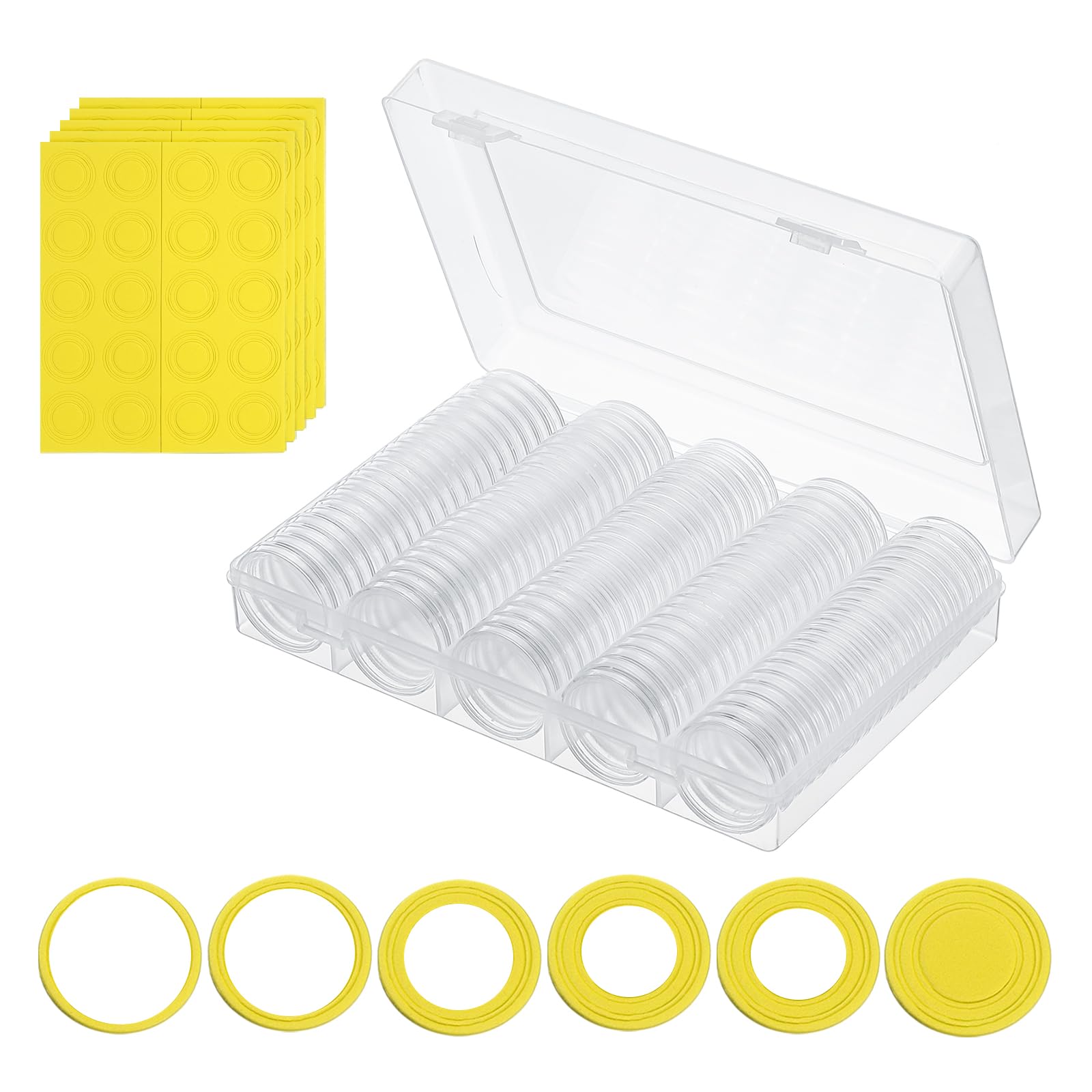 PATIKIL Coin Snap Holder 100 Pack Coin Case Storage Round with Organizer Box Fit 17/20/25/27/30mm Coins for Collectors Collection Supplies Yellow Foam Gasket
