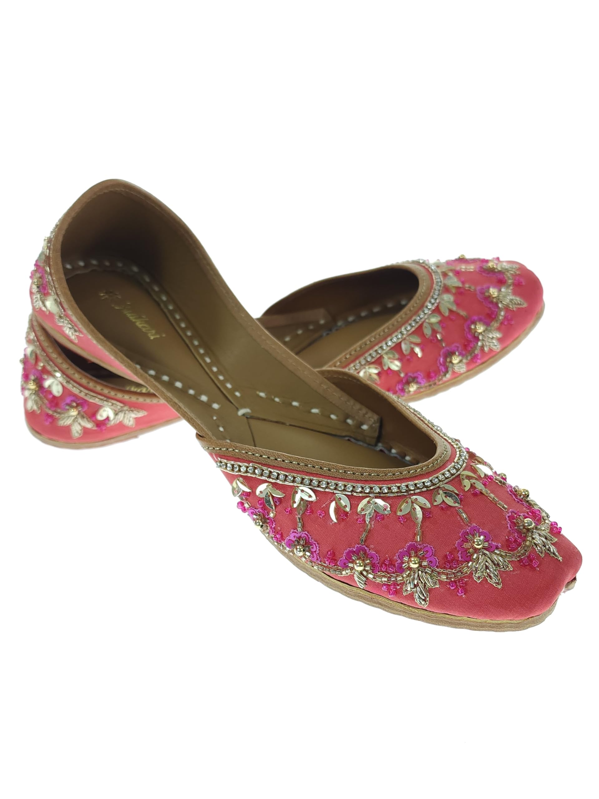 Women Water Lily Gajrie Gold Genuine Soft Leather Embroidered Jutis | Bite and Pinch Free Jutti | Punjabi Formal Juttis | Girl's Wedding Flat Ladies Mojari | Formal Ethnic Juti |-image-16