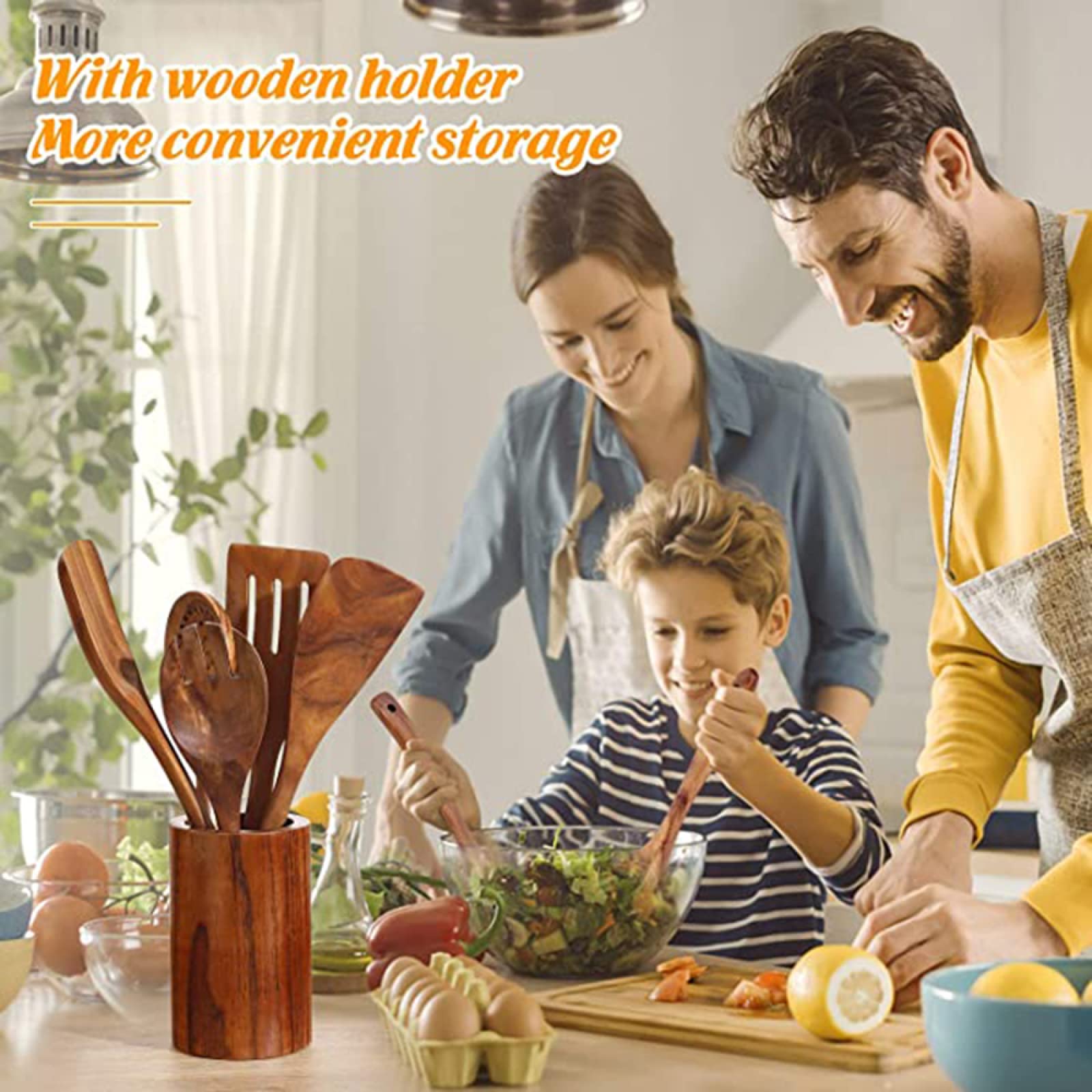 Kochutensilien-Set aus Holz, Küchenutensilien-Set, natürliches Teakholz, Kochutensilien für antihaftbeschichtete Pfanne, 7-teilig