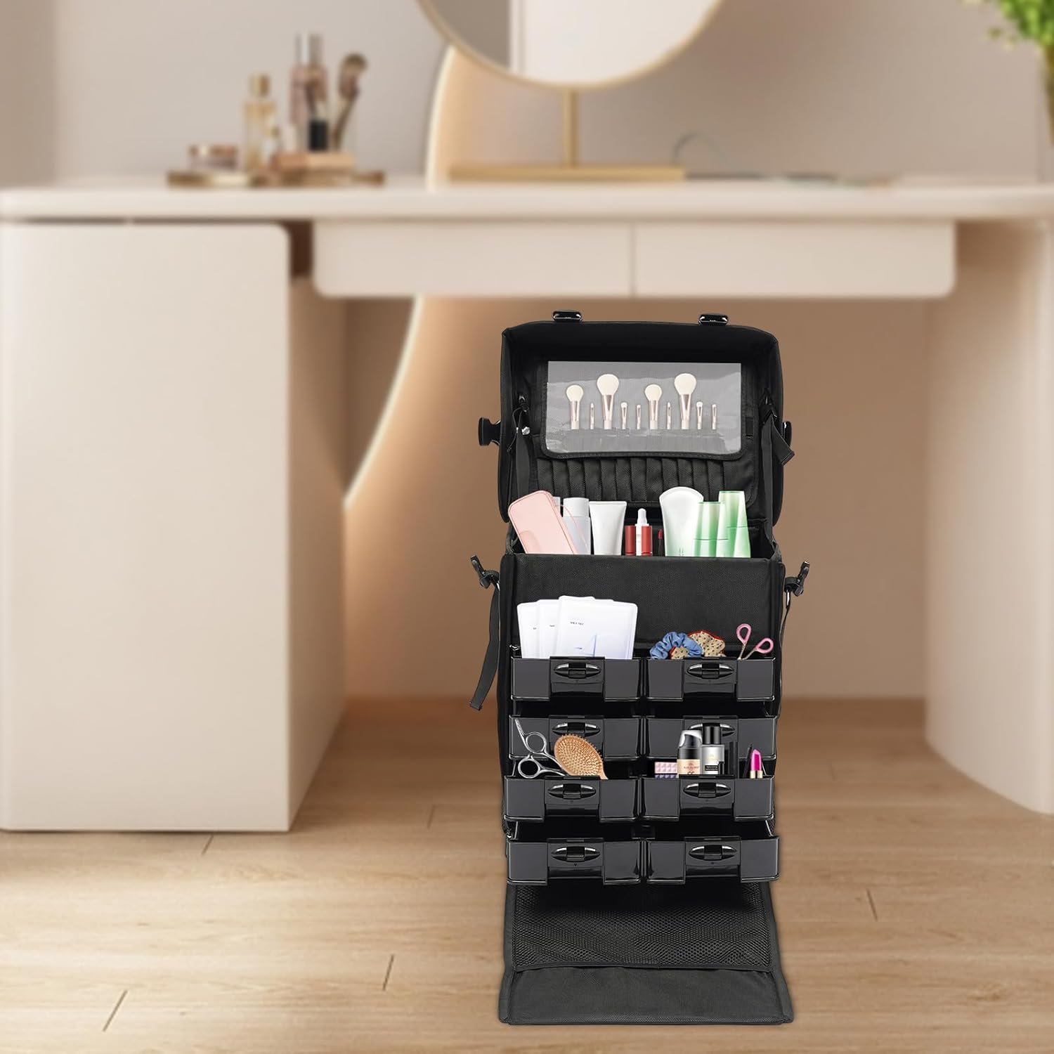 Rolling Makeup Train Case, Soft Sided Makeup Storage Cosmetic Organizer Carry on Travel Trolley Suitcase with 6 Removable Makeup Organizer Drawer Bins for Make-up Artists, Hair Barbers, Stylists
