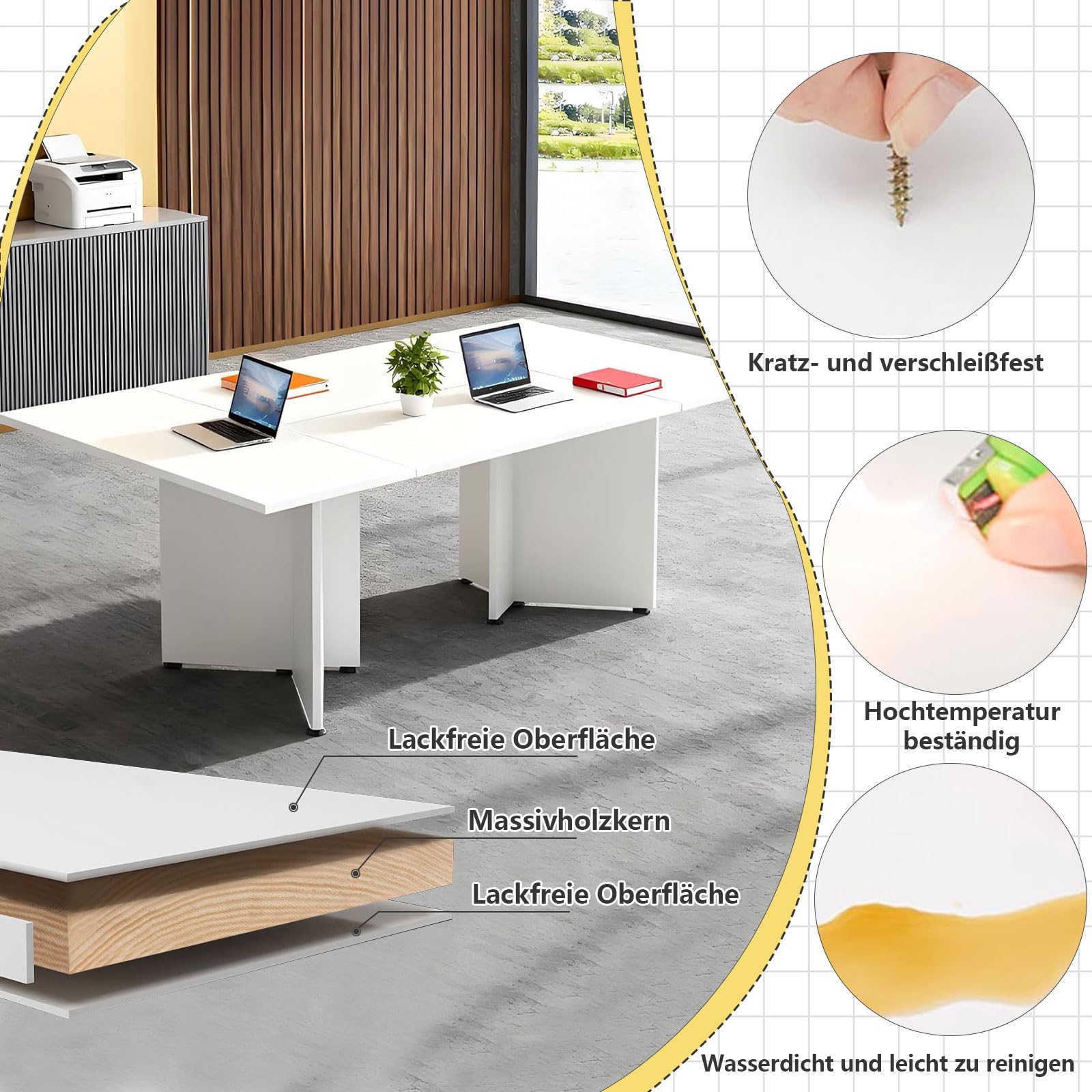 Modularer Konferenztisch Erweiterbar, Großer Besprechungstisch für 4-12 Personen, Schreibtisch Büro Tisch für Konferenzraum, Schulungsraum und Arbeitsplatz