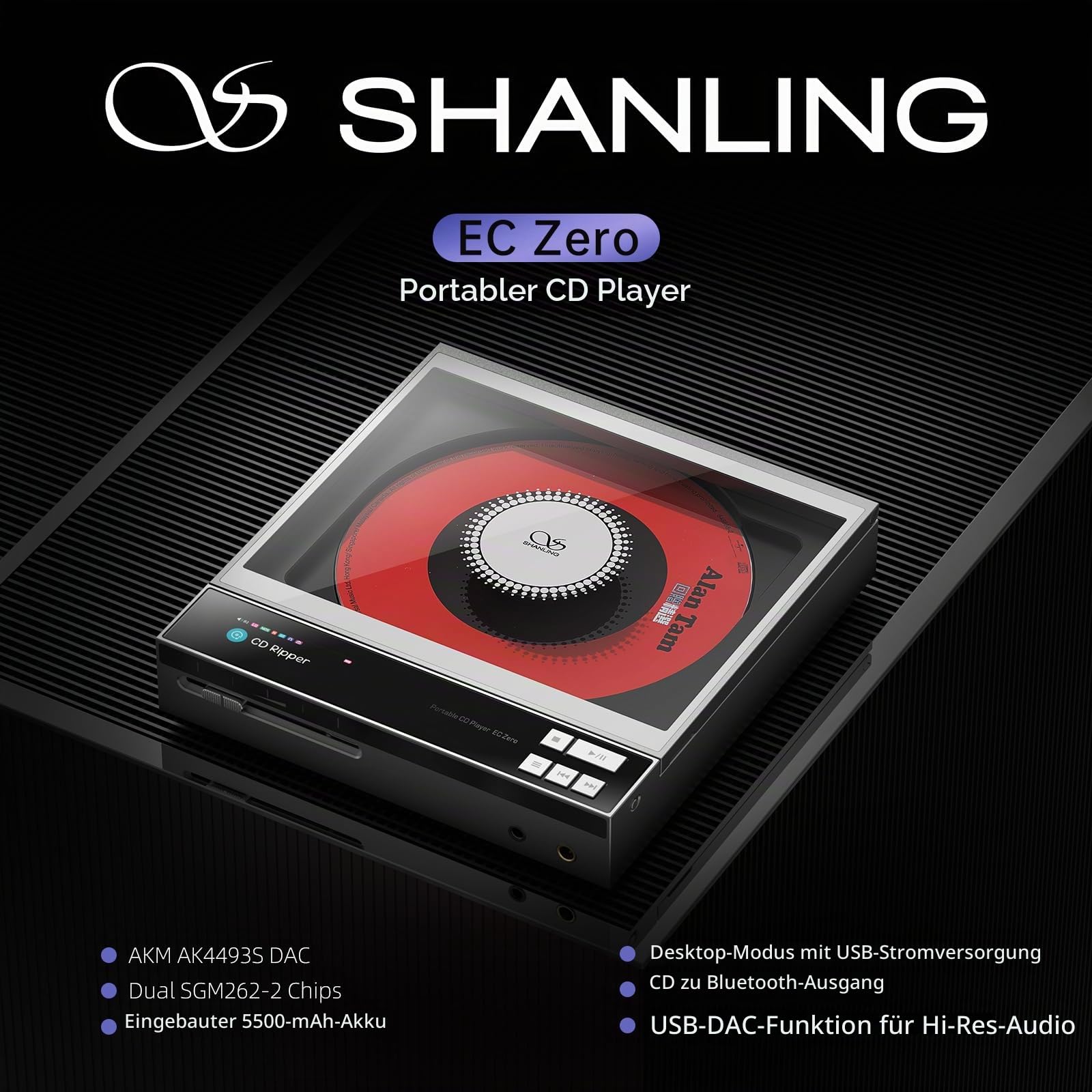 SHANLING EC Zero tragbarer CD-Player, unterstützt AK4493S DAC, 768 kHz/32 Bit & DSD512, Hi-Res HiFi EC Zero AKM CD-Player mit CD-Rippung, 4,4 mm/3,5 mm/Koaxial/Line-Ausgang, 5500 mAh Akku, 836 mW @ 32