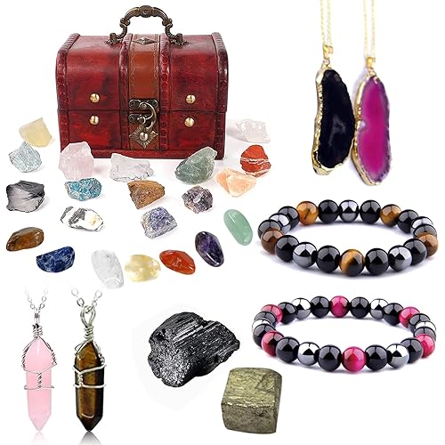 29Pcs Crystals and Healing Stones Set Include 14pcs Healing Chakra Stones Spiritual Crystal Necklace and Bracelet 7 Chakra Crystal Raw Stone Gift Wooden Box for Meditation, Yoga, Collection