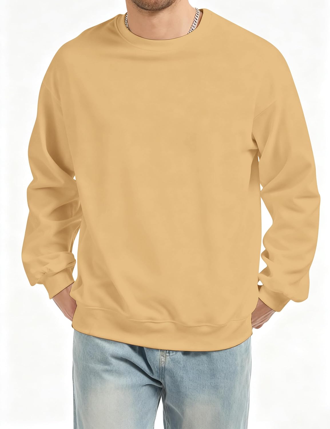 Men's Crewneck Sweatshirt Oversized Long Sleeve Ribbed Knit Pullover Shirt Drop Shoulder Fleece Hoodies Casual Tops - Image 2