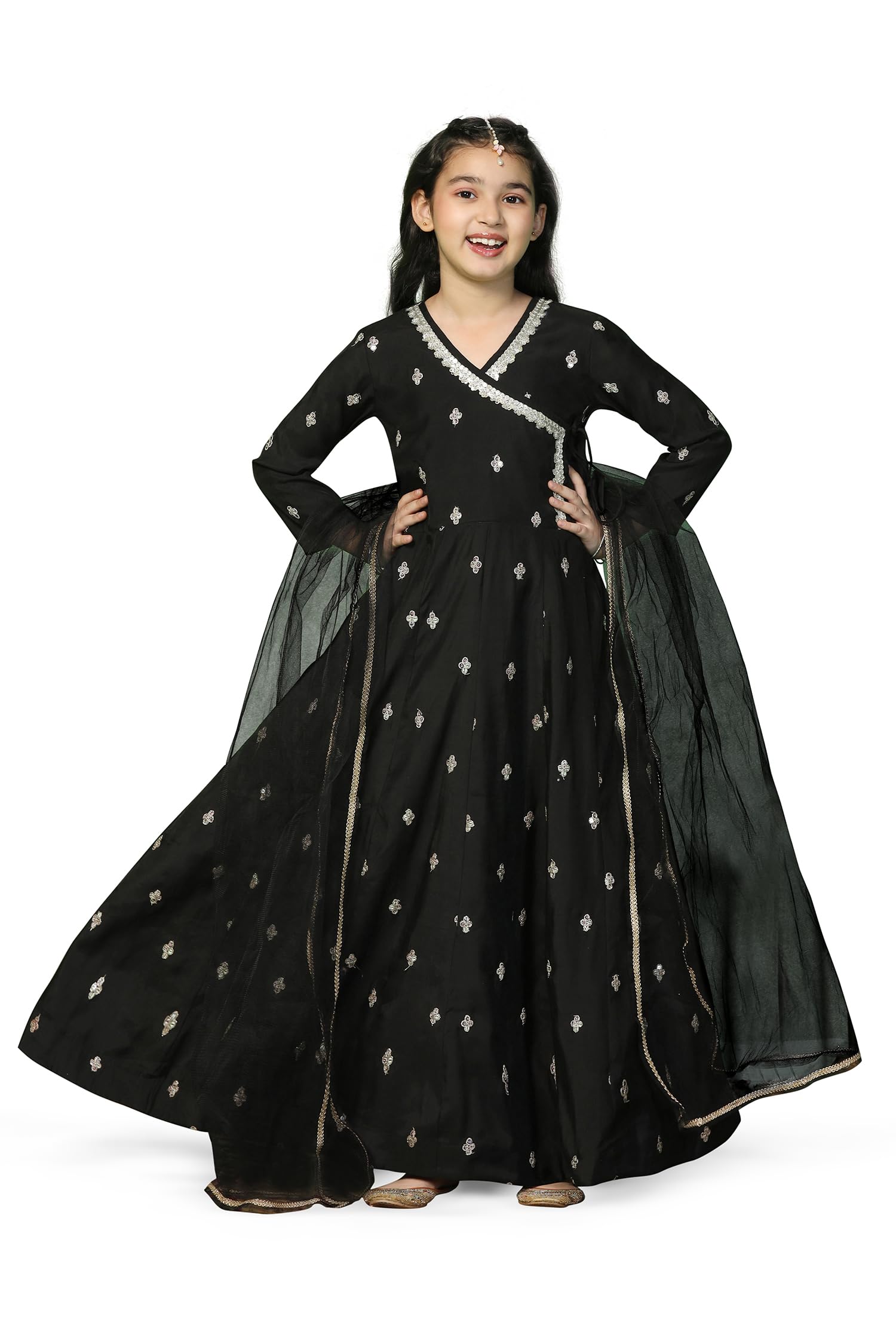 Jwalin Girl's Embroidered Maxi Dress with Dupatta|Ethnic Dress for Girls-image-0