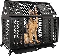 Vista 8 de Jaulas resistentes de 44 pulgadas para perros grandes, jaula indestructible a prueba de escapes con ruedas bloqueables, doble puerta de alta