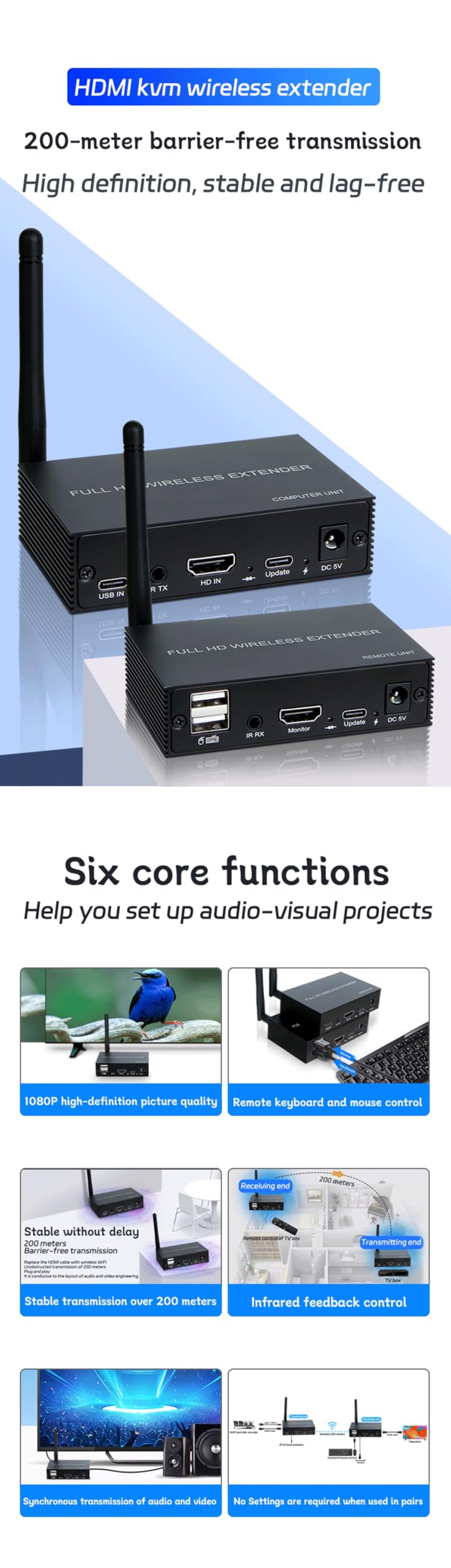 HDMI Wireless KVM Extender 200M,1080P 60Hz HDMI Video Audio Transmitter Receiver Kit for USB DVD STB DTV HDTV Keyboard Mouse Supports Infrared Feedback