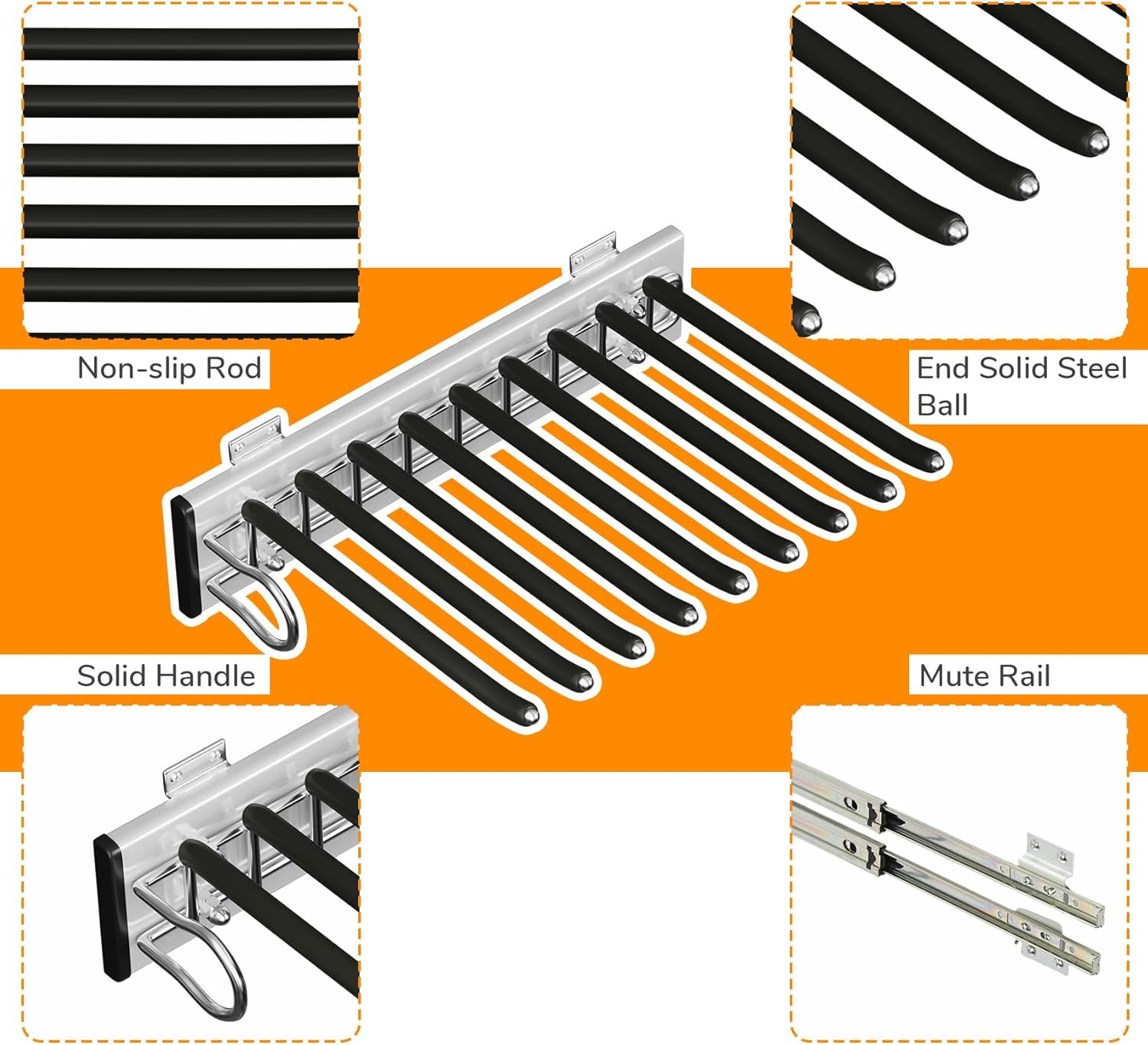 9 Arms Pull Out Pants Rack,Retractable Pull Out Trousers Rack Pull Out Trouser Hangers Pull Out Pants Hangers Space Saving (Black, Left Side Installation)
