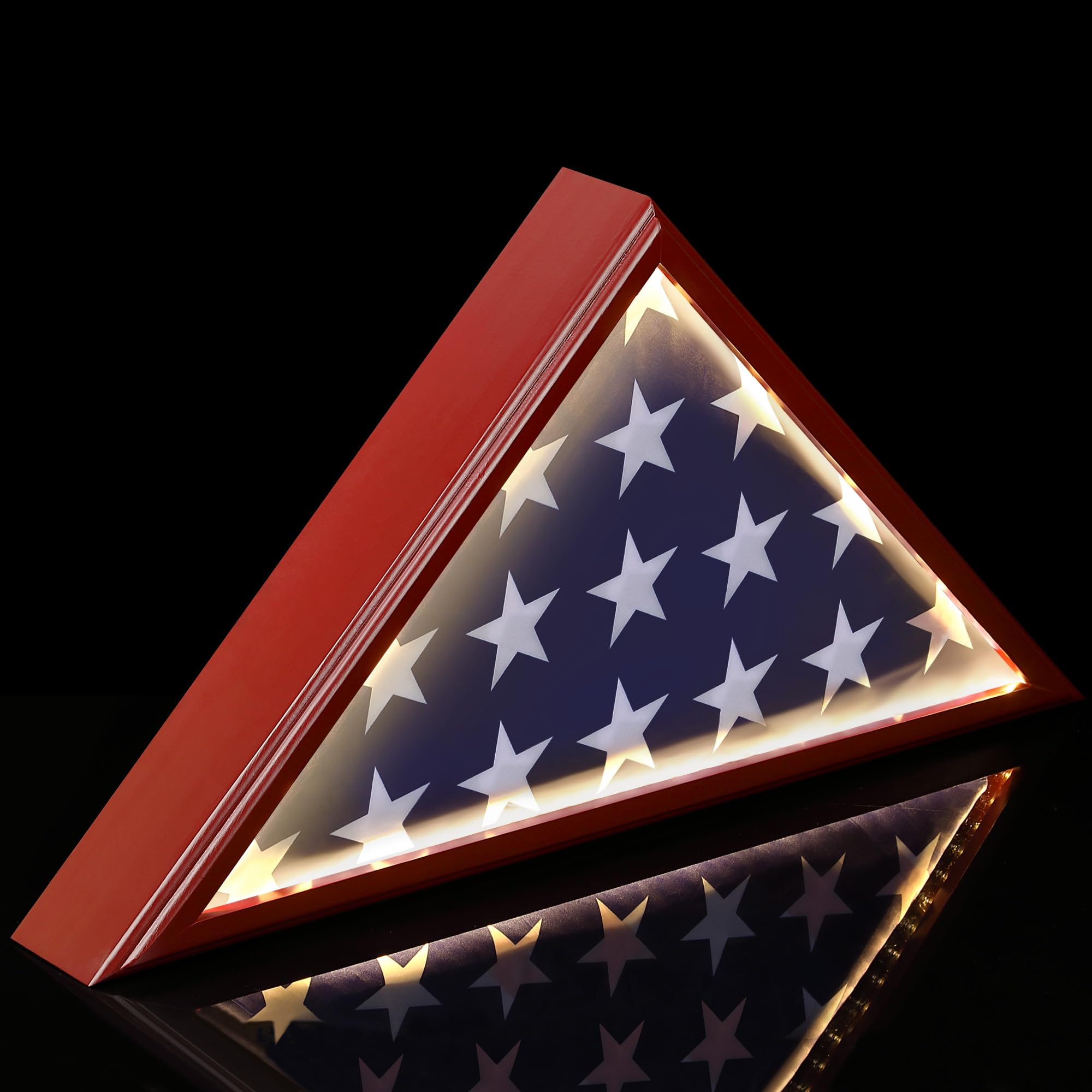 Meonum Flag Case with Lights for Burial Flag, 5 x 9.5 FT American Veteran Flag Display Case Wall Mounted Red Pine Flag Frame, Memorial Flag Box with 90 LEDs for Honoring Military Service Glass Front