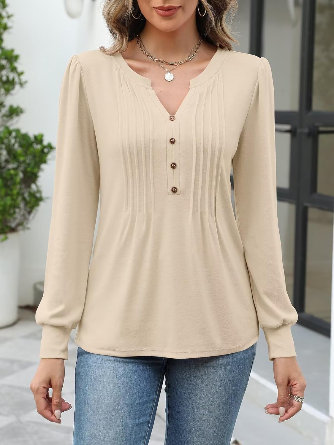 Women's Puff Long Sleeve Tops Pleated V Neck T Shirts Henley Button Tunic Blouses - Image 2