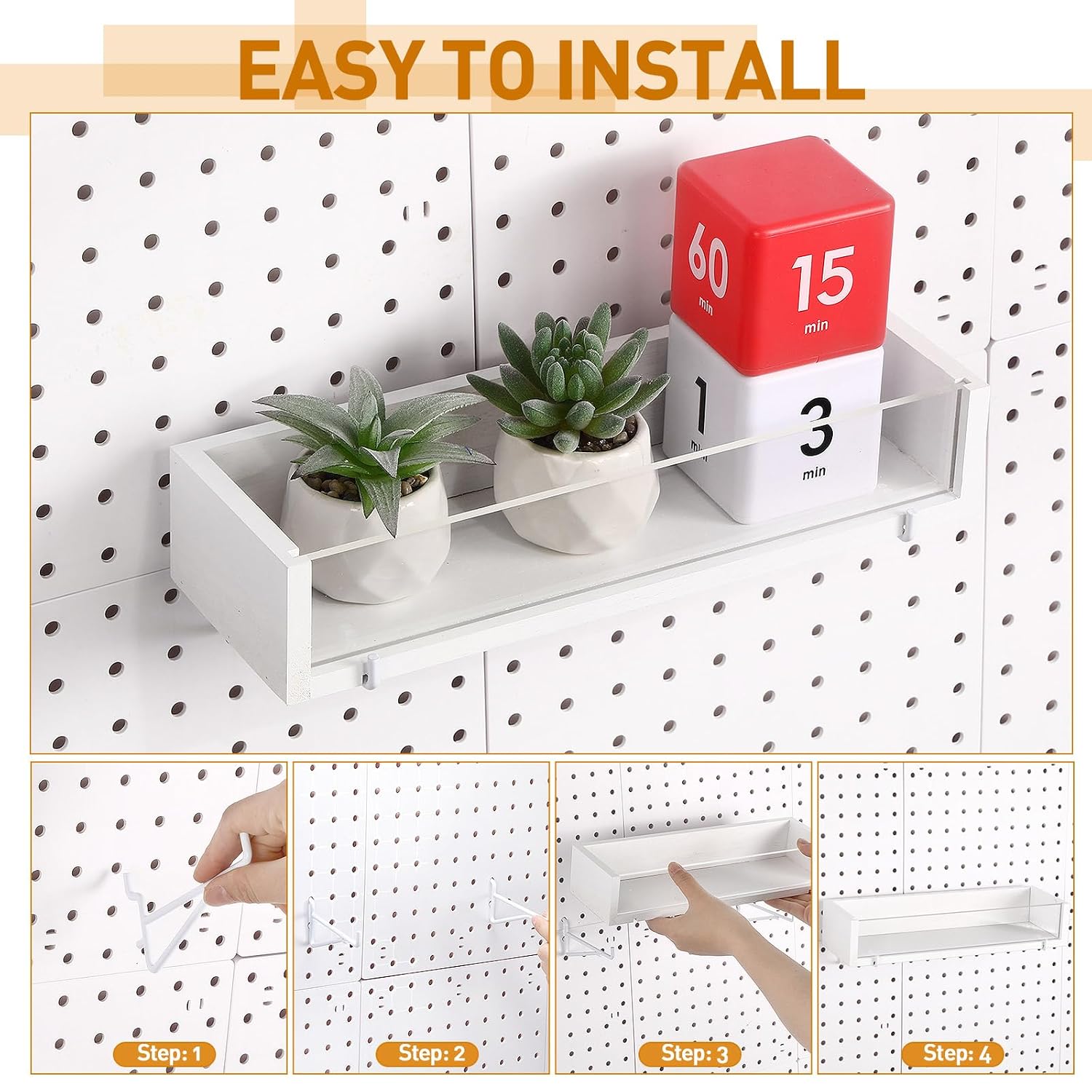 Marsui 2 Pcs Wooden Pegboard Shelf with Acrylic 12.2 x 3.94 Inch White Display Shelves Brackets with Metal Hooks Heavy Duty Pegboard Accessories for Storage and Organization
