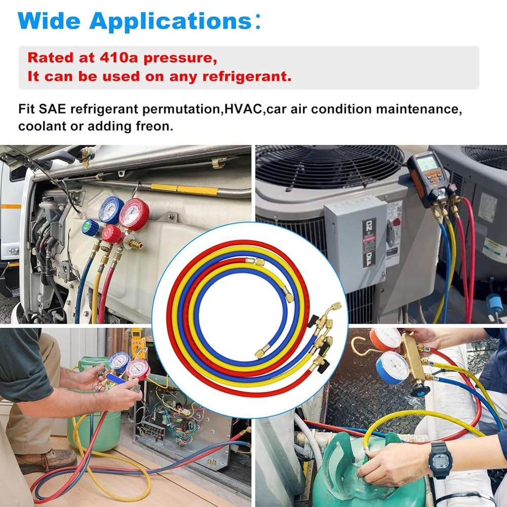 Tubi Flessibili di Ricarica Refrigerante A/C da 1,6 M con Valvole A Sfera HVAC 1/4 Pollici SAE Adatti per Aggiunta di Refrigerante R134A R12 e Aria Condizionata