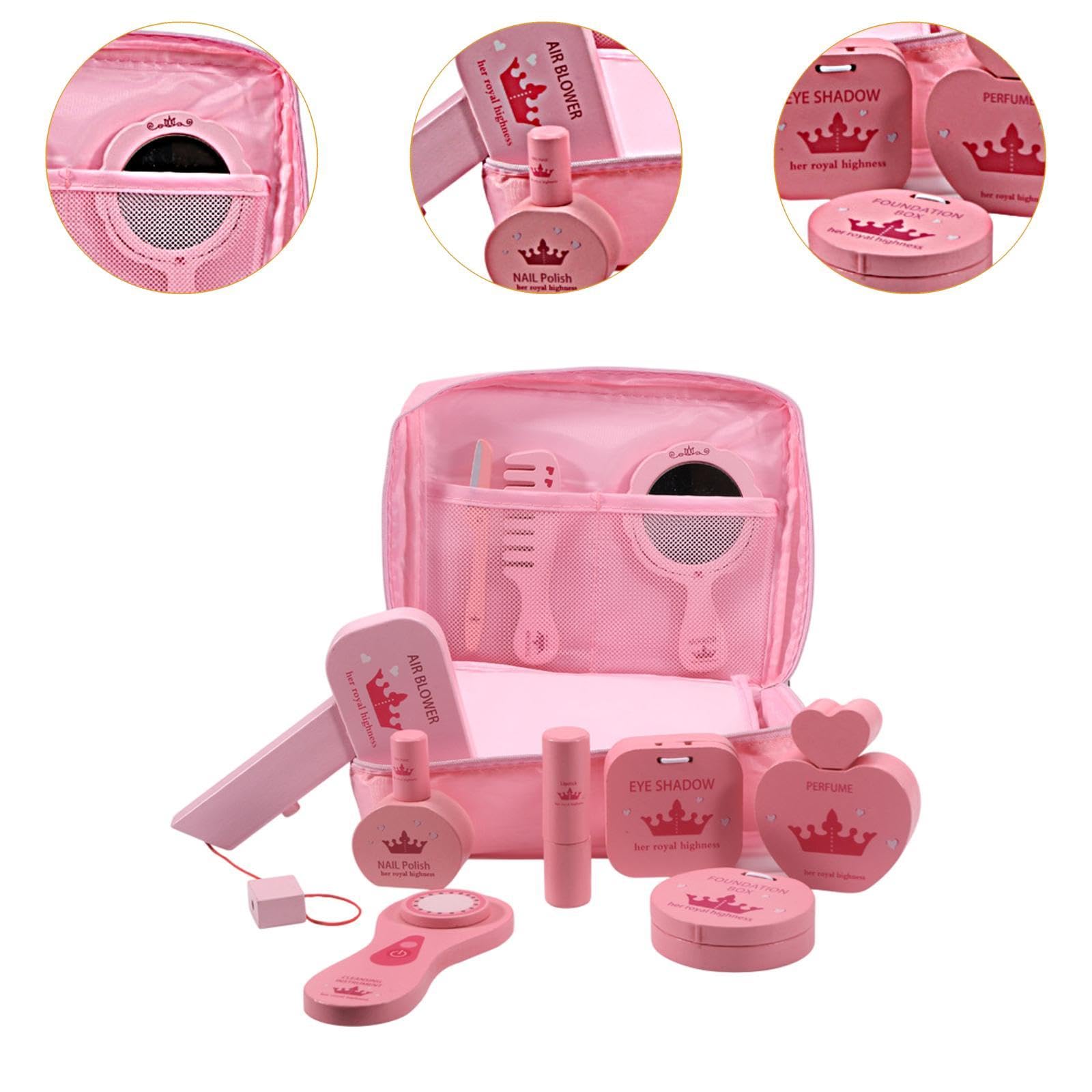 Kit Trucco Finto Bambina 10 Pezzi, Giocattolo Trucco in Legno e Stoffa, Portatile per Gioco di Ruolo