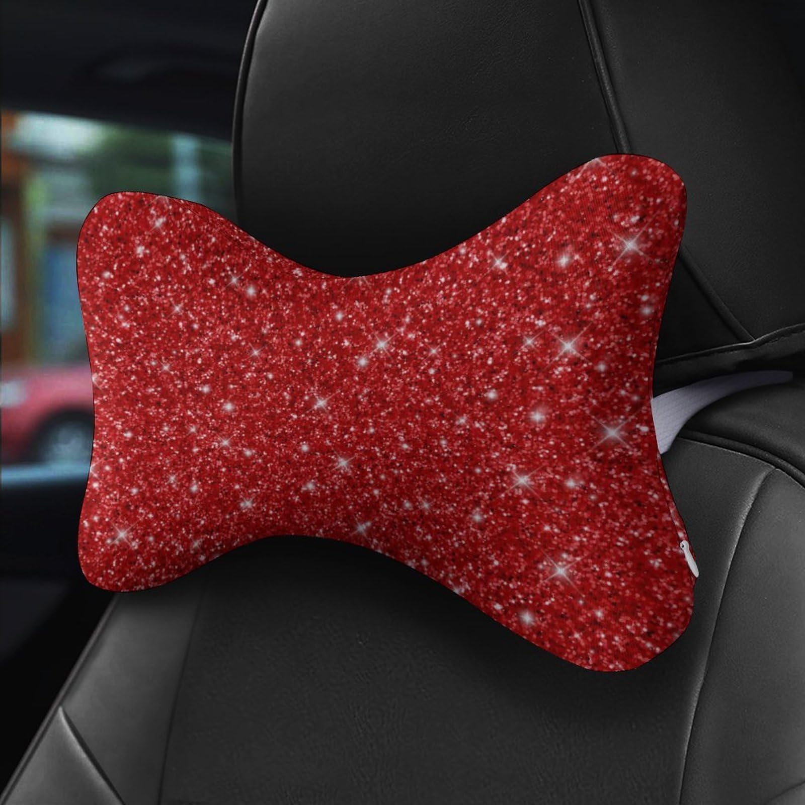 SMAZDFXX Red Ombre Glitters Car Neck Pillow Set of 2 Car Seat Head Support Cushion Bone Pillows with Elastic Strap