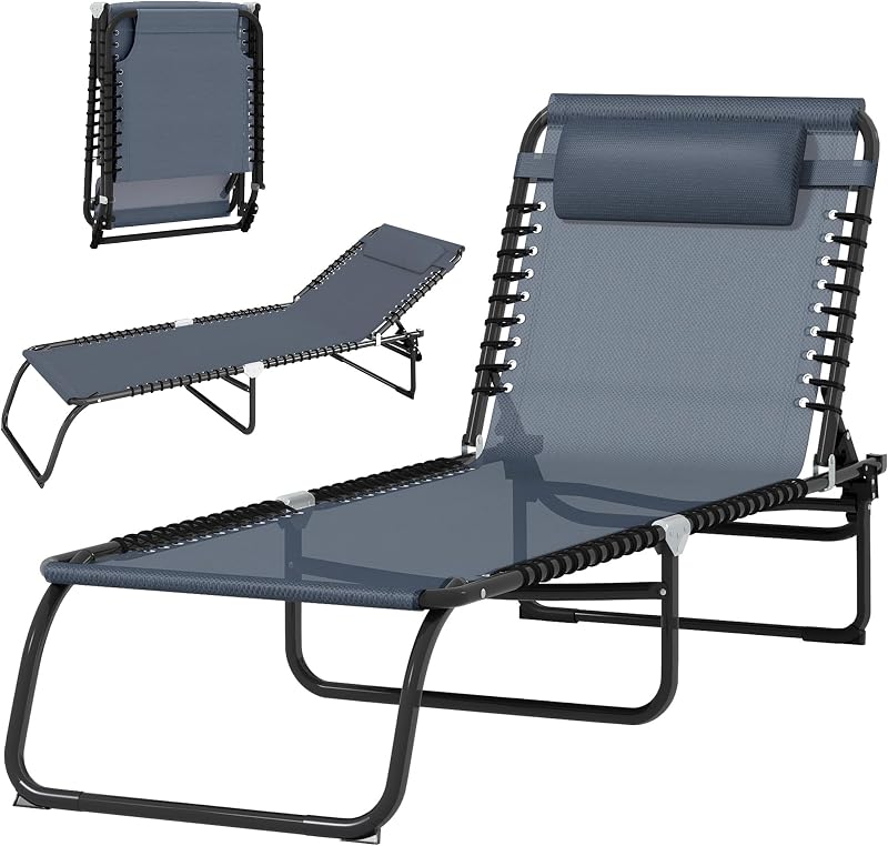 Outsunny Folding Chaise Lounge Chair Outdoor Mesh Seat Gray | Patio Sun Tanning Chair, Outdoor Chaise Lounge, Breathable Mesh Seat, Beach, Poolside, Yard