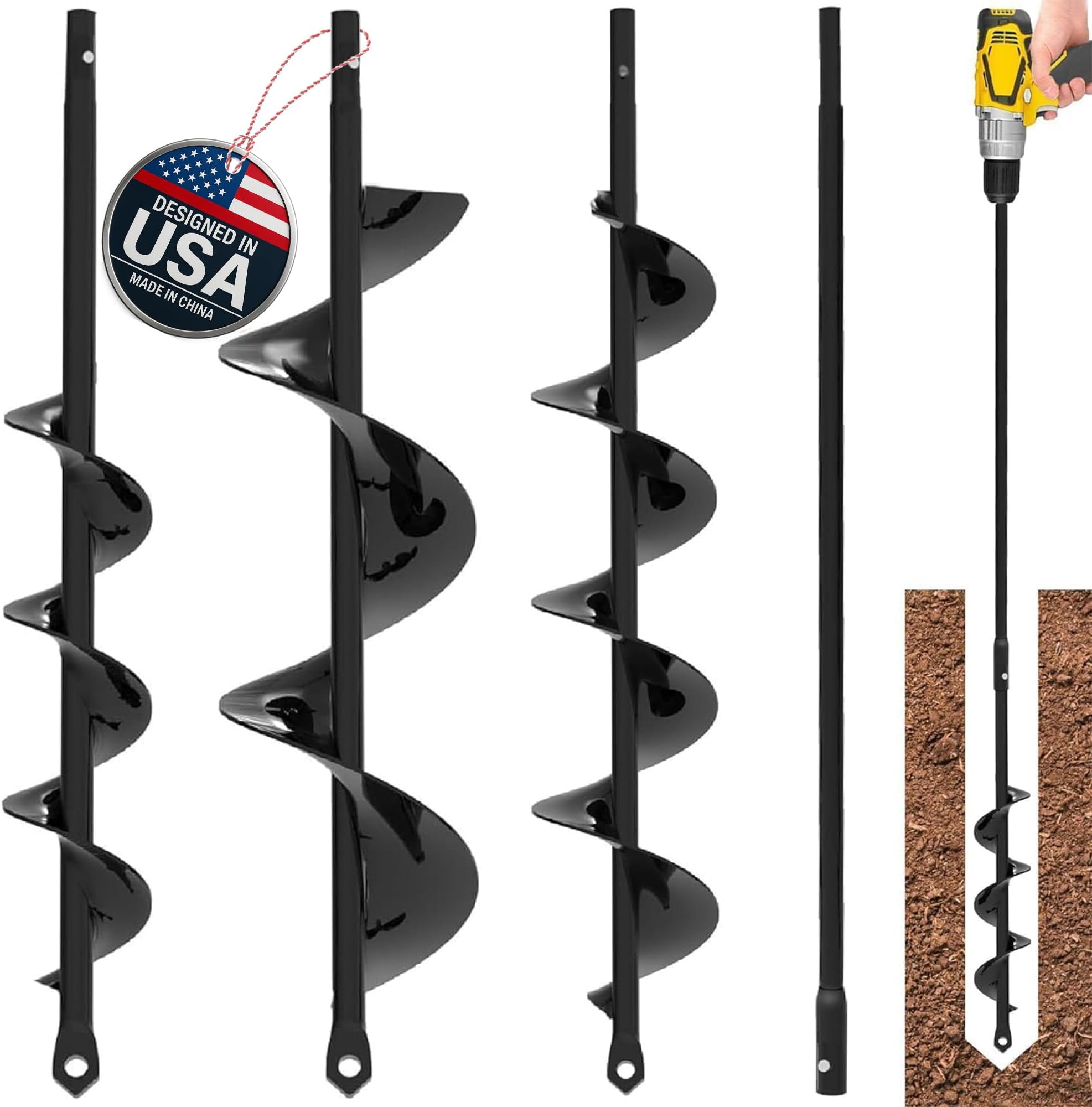 Auger Drill Bit for Planting 3 Pack with Extension - Spiral Hole Planter for Bulbs, Fence Posts, and Umbrella Holes - 3/8'' Hex Drive Drill- Gardening Hole Digger Yard Tools - Garden Drill Attachments