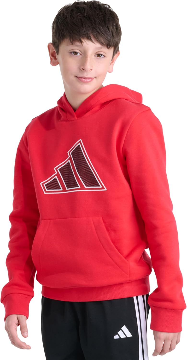 adidas Boys Mesh 3-Bar Fleece Hooded Pullover | Active athletic-sweatshirts Big Kid Small 58% Cotton, 42% Polyester Fleece Pure Ruby