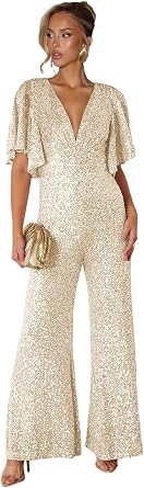 Sequin Jumpsuits for Women Glitter One Piece Rompers Wide Leg Long Pants V Neck Club Night Outfits