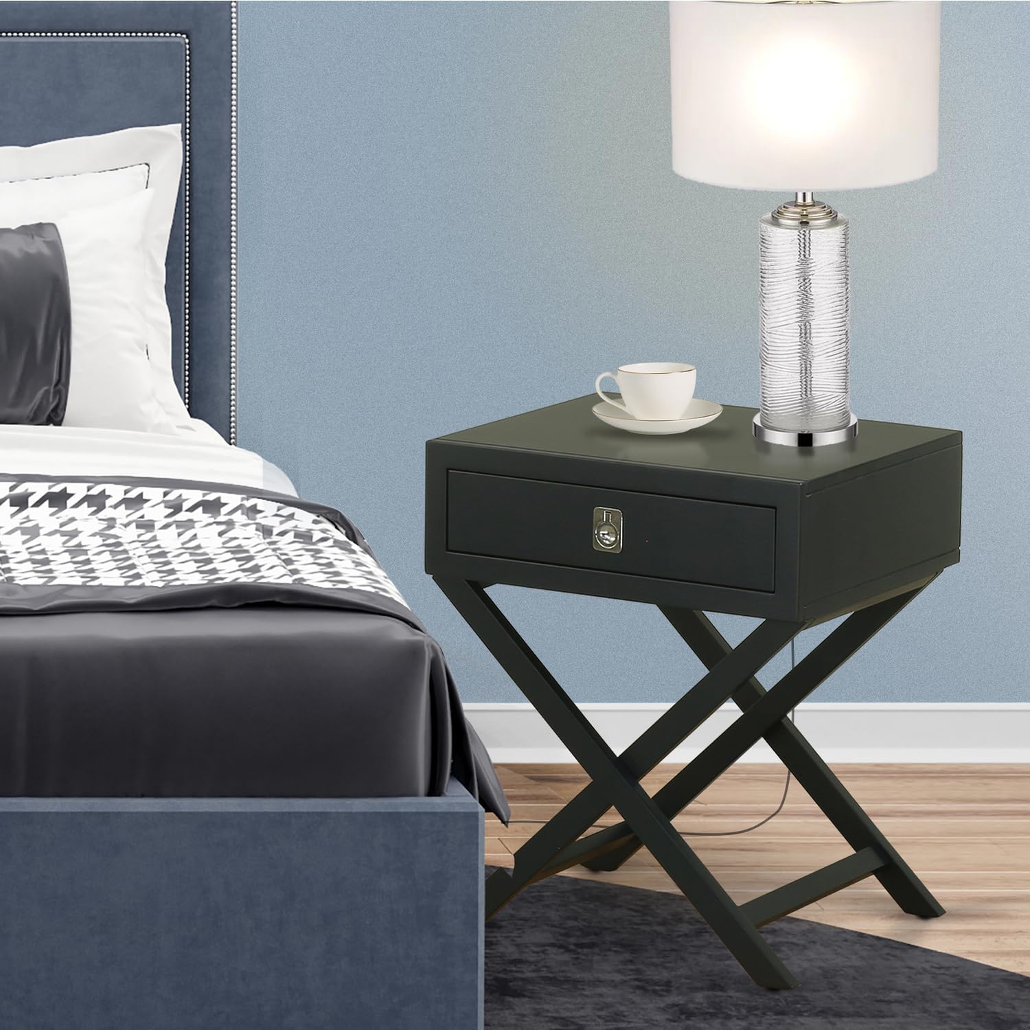 HomeStock Square Nightstand End Table with Drawer - Black Finish - Modern Bedroom Furniture