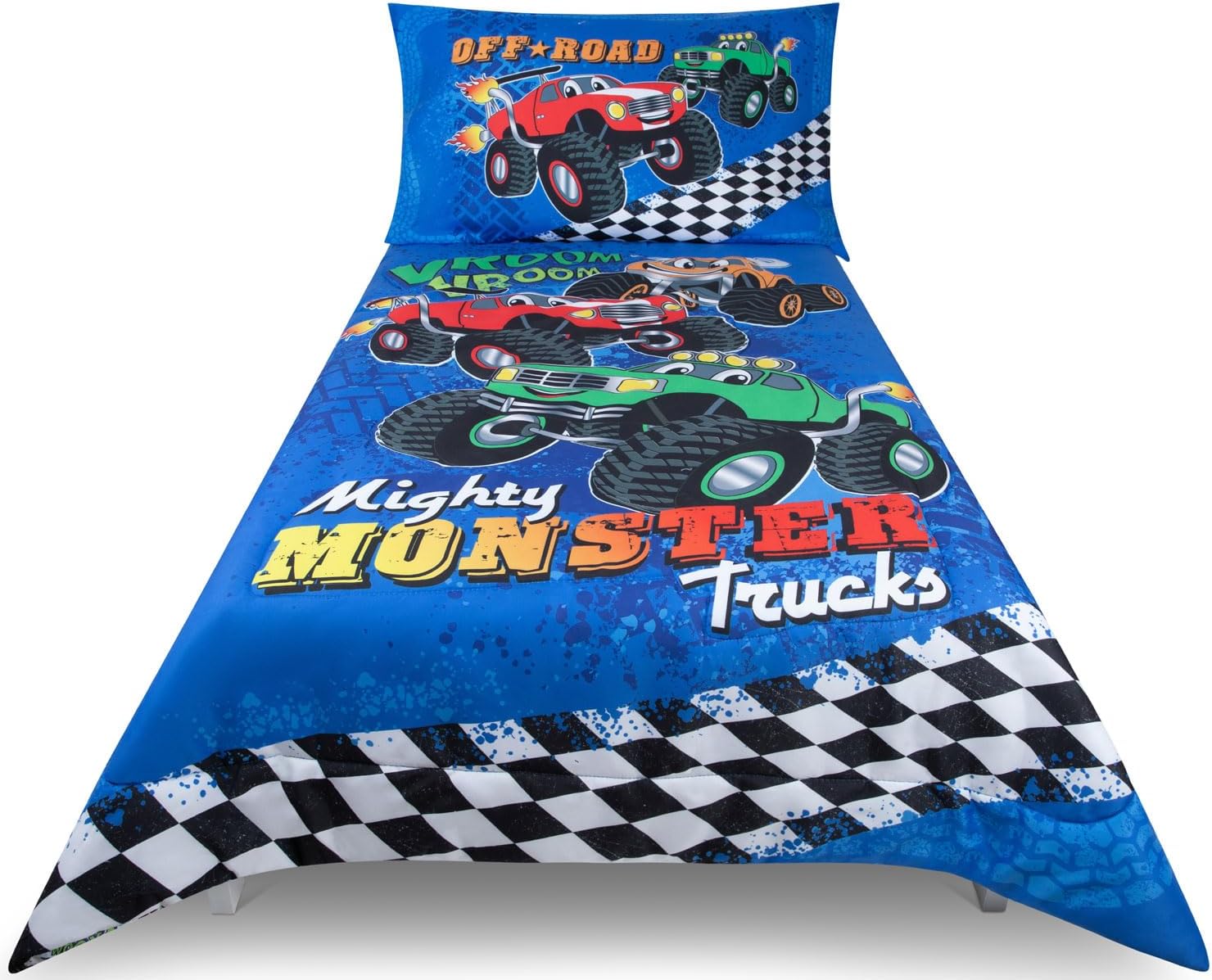 Monster Trucks Toddler Bedding Set for Boys - 4-Piece Toddler Bed Comforter Sets for Boys, Reversible Comforter & Pillowcase, Flat Sheet, Fitted Sheet, Breathable & Super Soft Microfiber