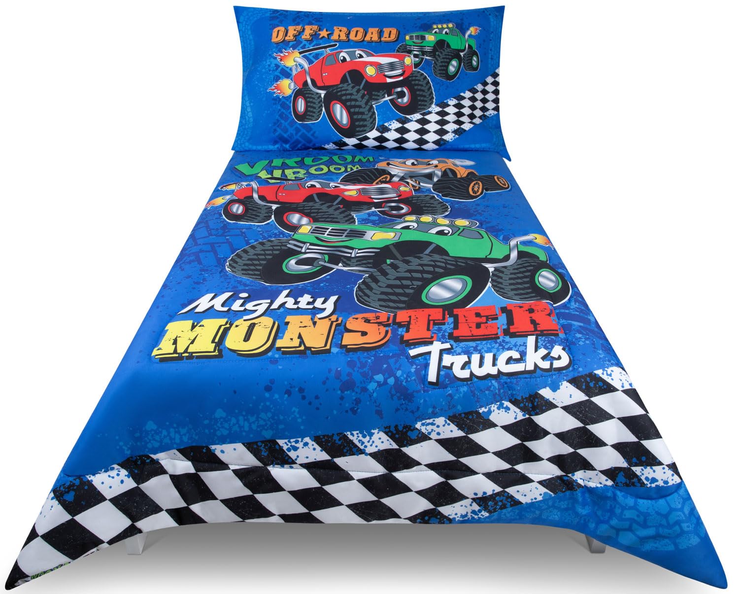 Todays Kids Monster Trucks Toddler Bedding Set for Boys - 4-Piece Toddler Bed Comforter Sets for Boys, Reversible Comforter &amp; Pillowcase, Flat Sheet, Fitted Sheet, Breathable &amp; Super Soft Microfiber