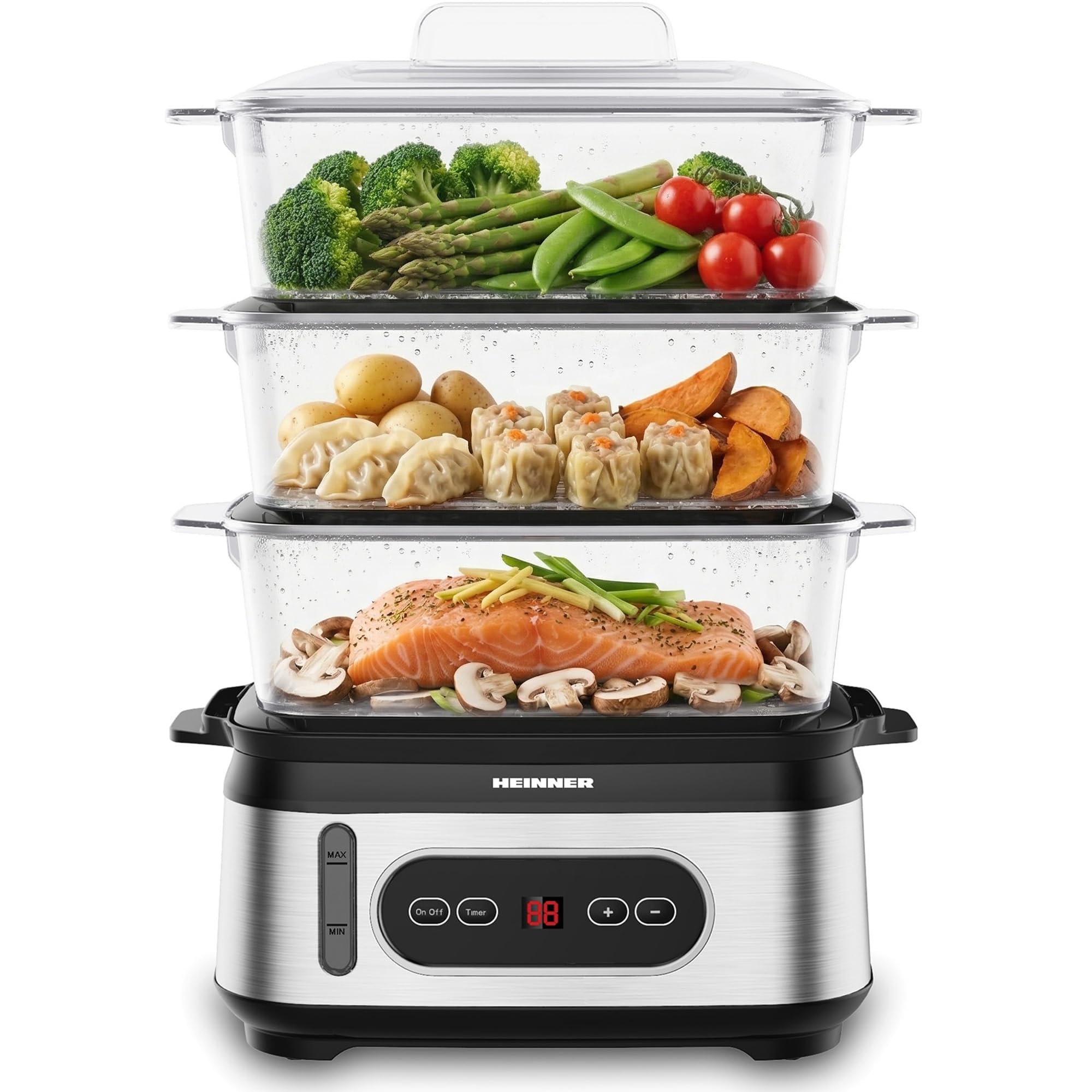 Dampfgarer Elektrisch 9L, 3 Ebenen BPA-frei, LED-Display, Digitaler Timer 0–90 Min, Startvorwahl 12 Std, Abschaltautomatik, Spülmaschinengeeignet, inkl, 950 W, Modell ONE STEAM HSA-D950SS