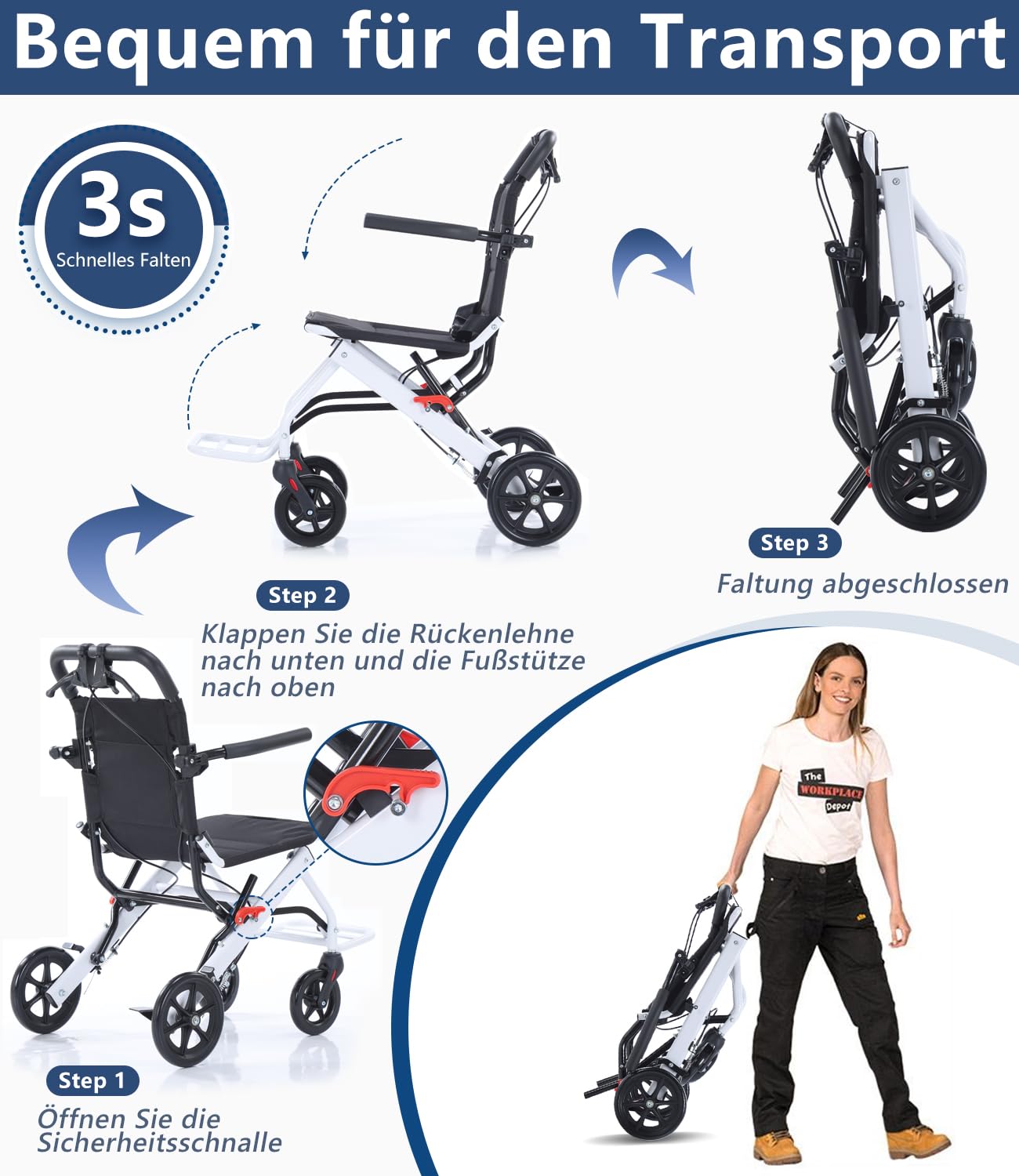 Fauteuil roulant, pliable, pour adultes, 6,8 kg, double freins, léger, pliable, pour personnes âgées, charge maximale : 120 kg