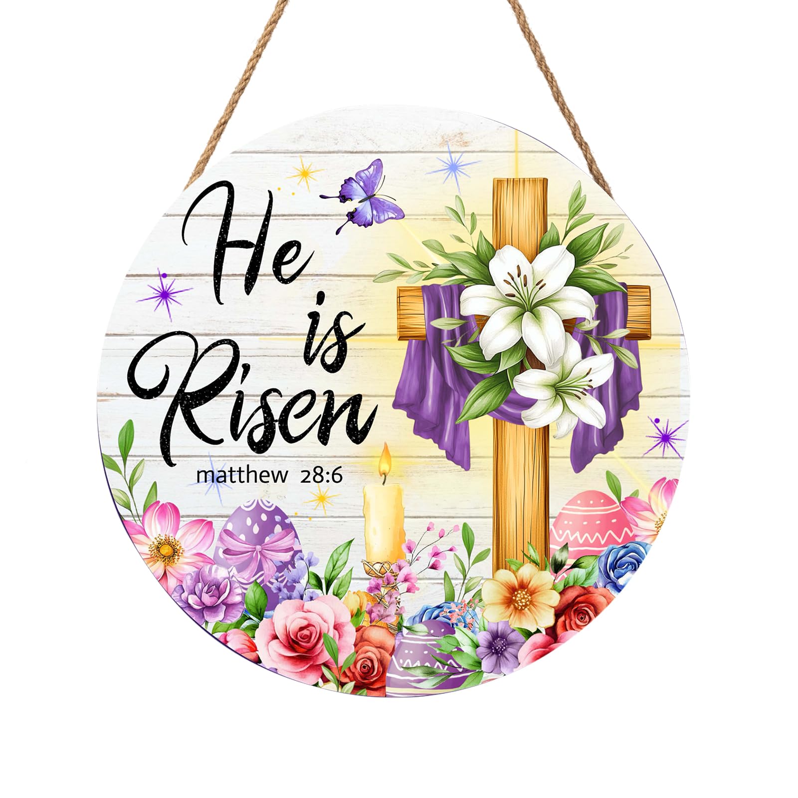 Harooni Easter Decorative Sign, 12x12in Modern Wooden Door Mount, Pastel, Bright, He is Risen, Twine, Rope